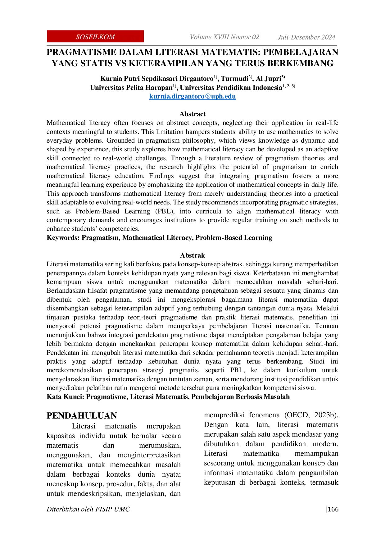 JURIS Pragmatisme Dalam Literasi Matematis Pembelajaran Yang Statis Vs Keterampilan Yang Terus Berkembang