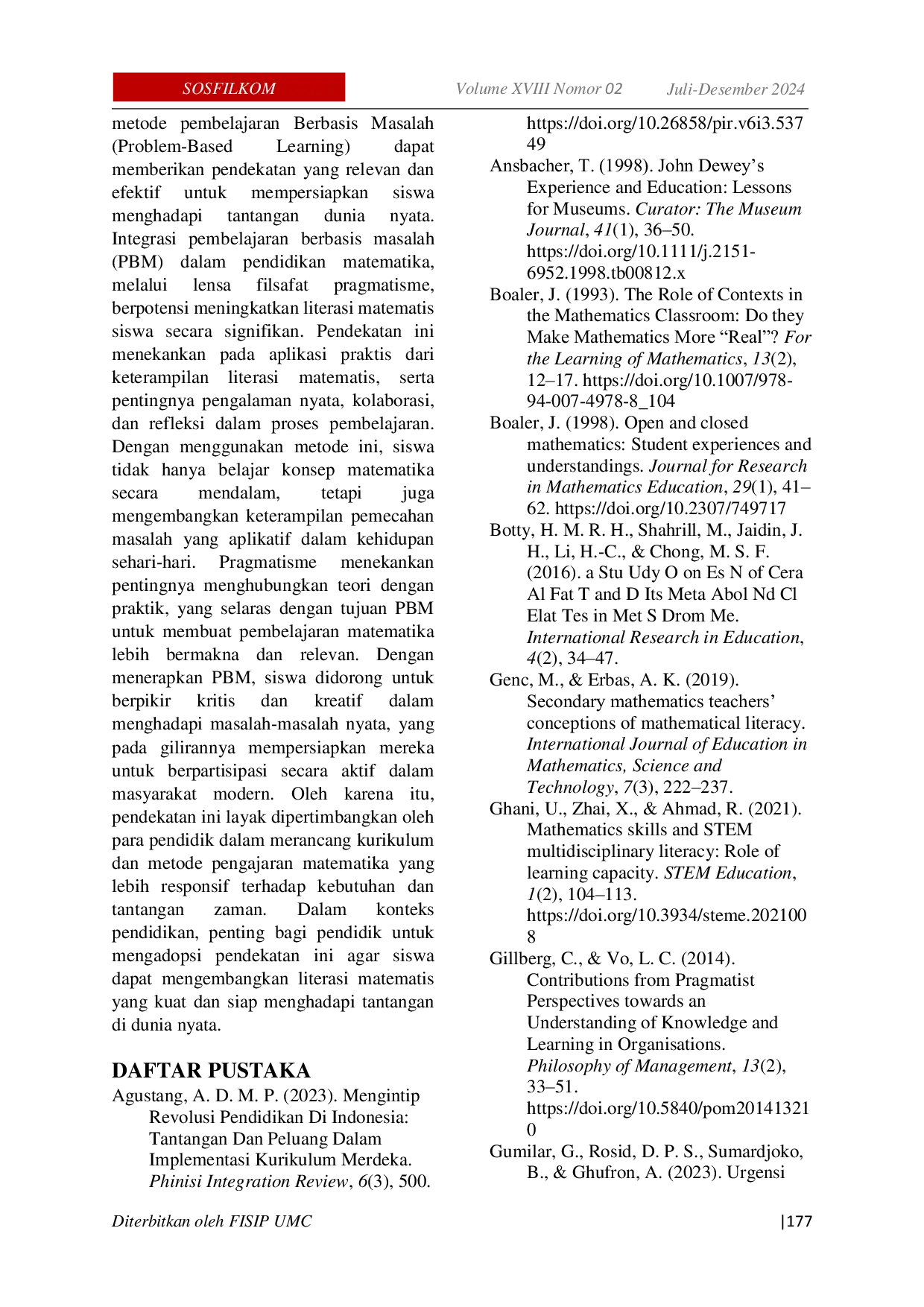 JURIS Pragmatisme Dalam Literasi Matematis Pembelajaran Yang Statis Vs Keterampilan Yang Terus Berkembang