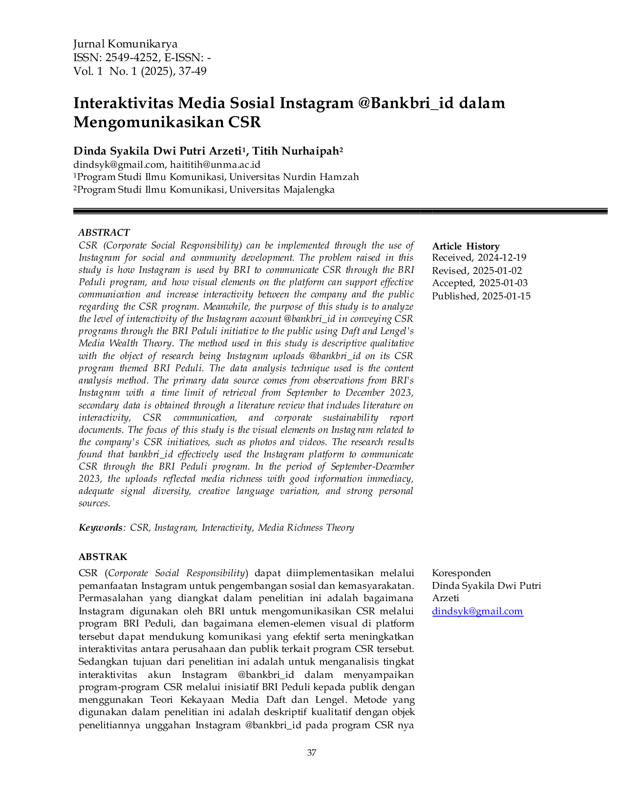 JURIS Interaktivitas Media Sosial Instagram Bankbri id dalam Mengomunikasikan CSR
