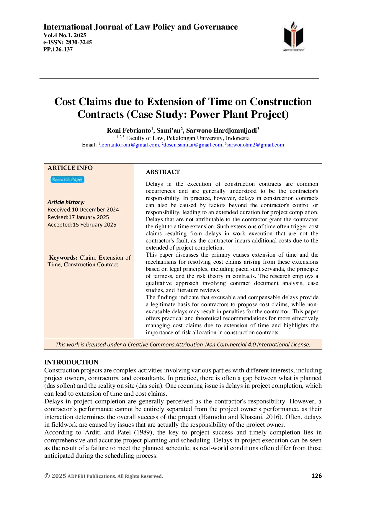 JURIS The Cost Claims due to Extension of Time on Construction Contracts Case Study Power Plant Project