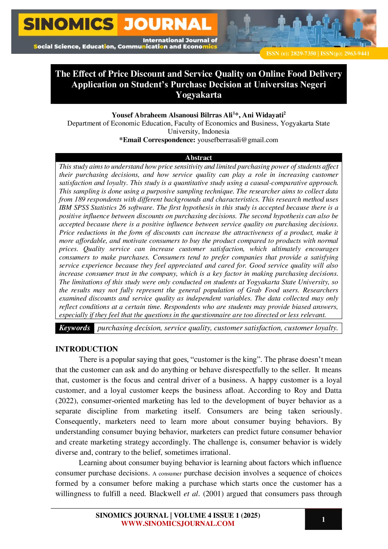 JURIS The Effect of Price Discount and Service Quality on Online Food Delivery Application on Student s Purchase Decision at Universitas Negeri Yogyakarta
