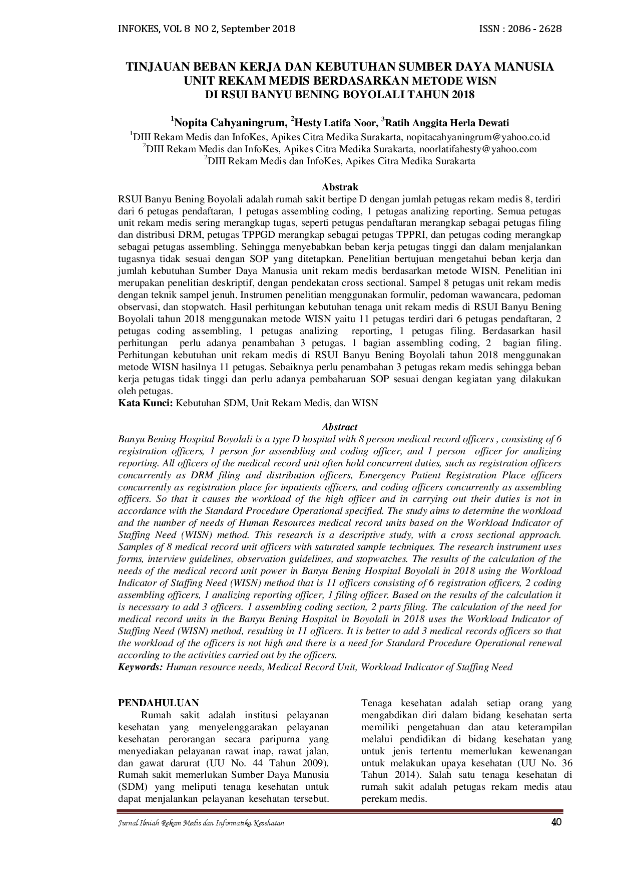 juris Tinjauan Beban Kerja Dan Kebutuhan Sumber Daya Manusia Unit Rekam Medis Berdasarkan Metode Wisn Di Rsui Banyu Bening Boyolali Tahun 2018