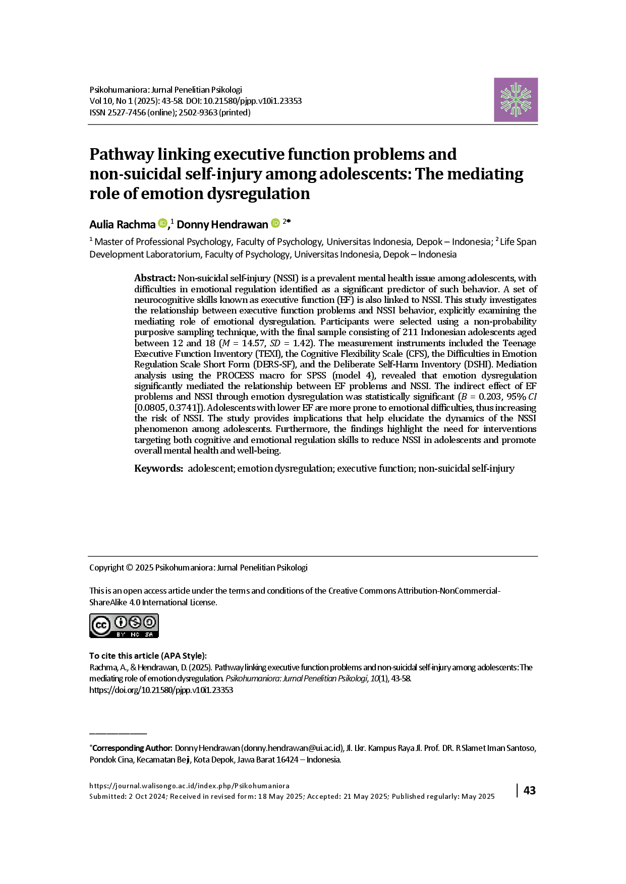 juris Pathway linking executive function problems and non suicidal self injury among adolescents The mediating role of emotion dysregulation