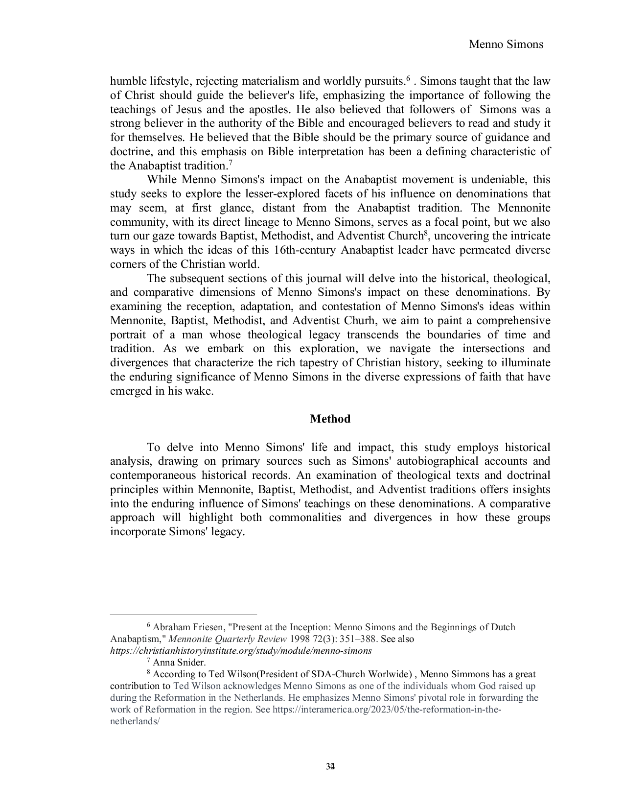 JURIS Menno Simons A Cross Denominational Legacy Influences on Mennonite Baptist Methodist and Adventist Church