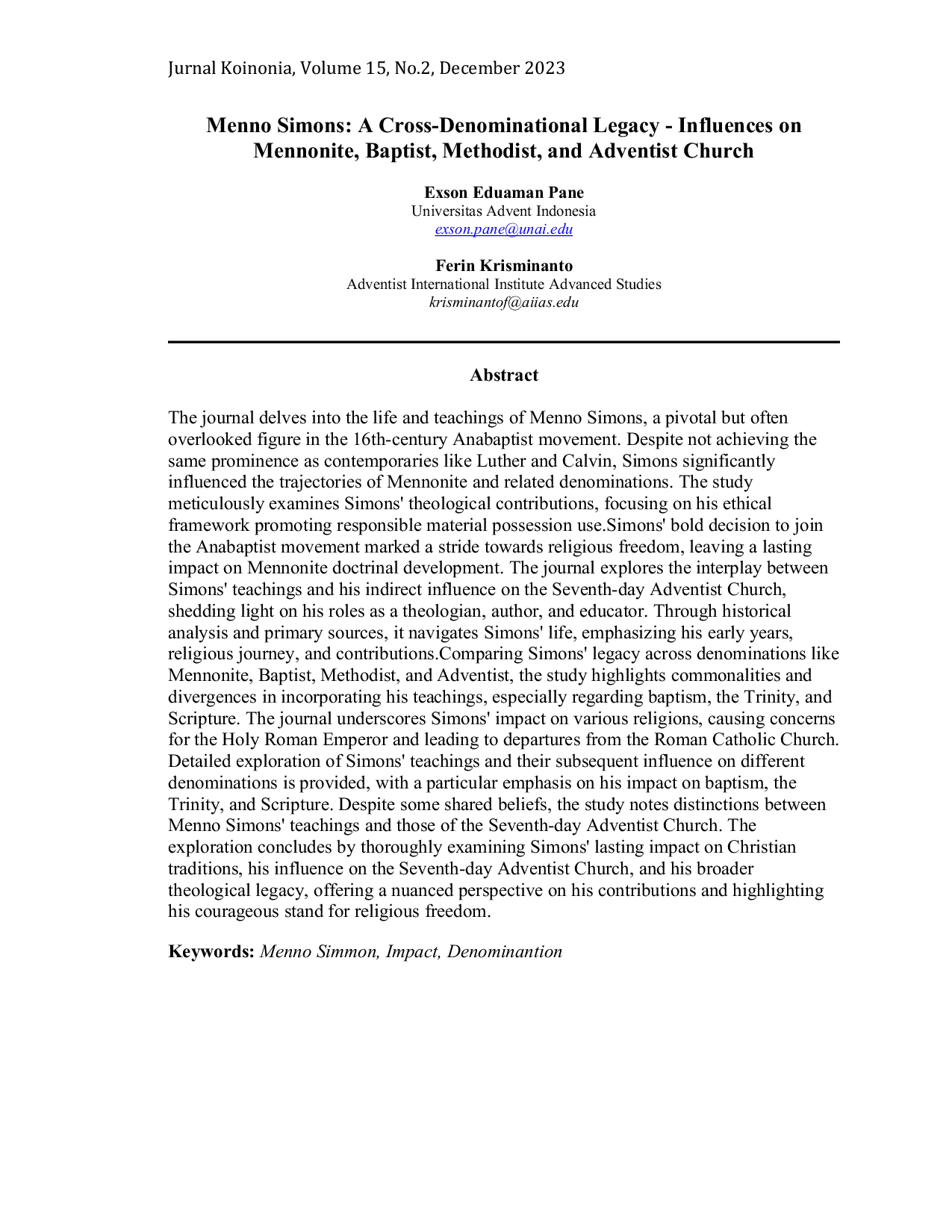 JURIS Menno Simons A Cross Denominational Legacy Influences on Mennonite Baptist Methodist and Adventist Church