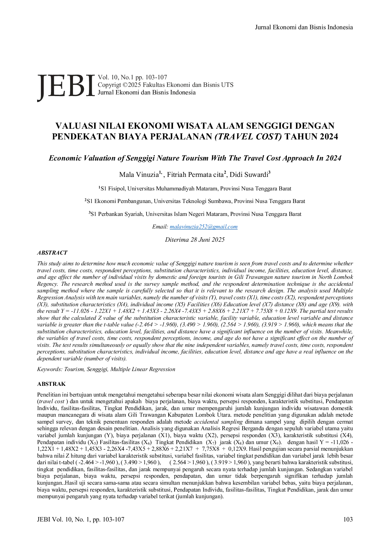 JURIS Economic Valuation of Senggigi Nature Tourism With The Travel Cost Approach In 2024