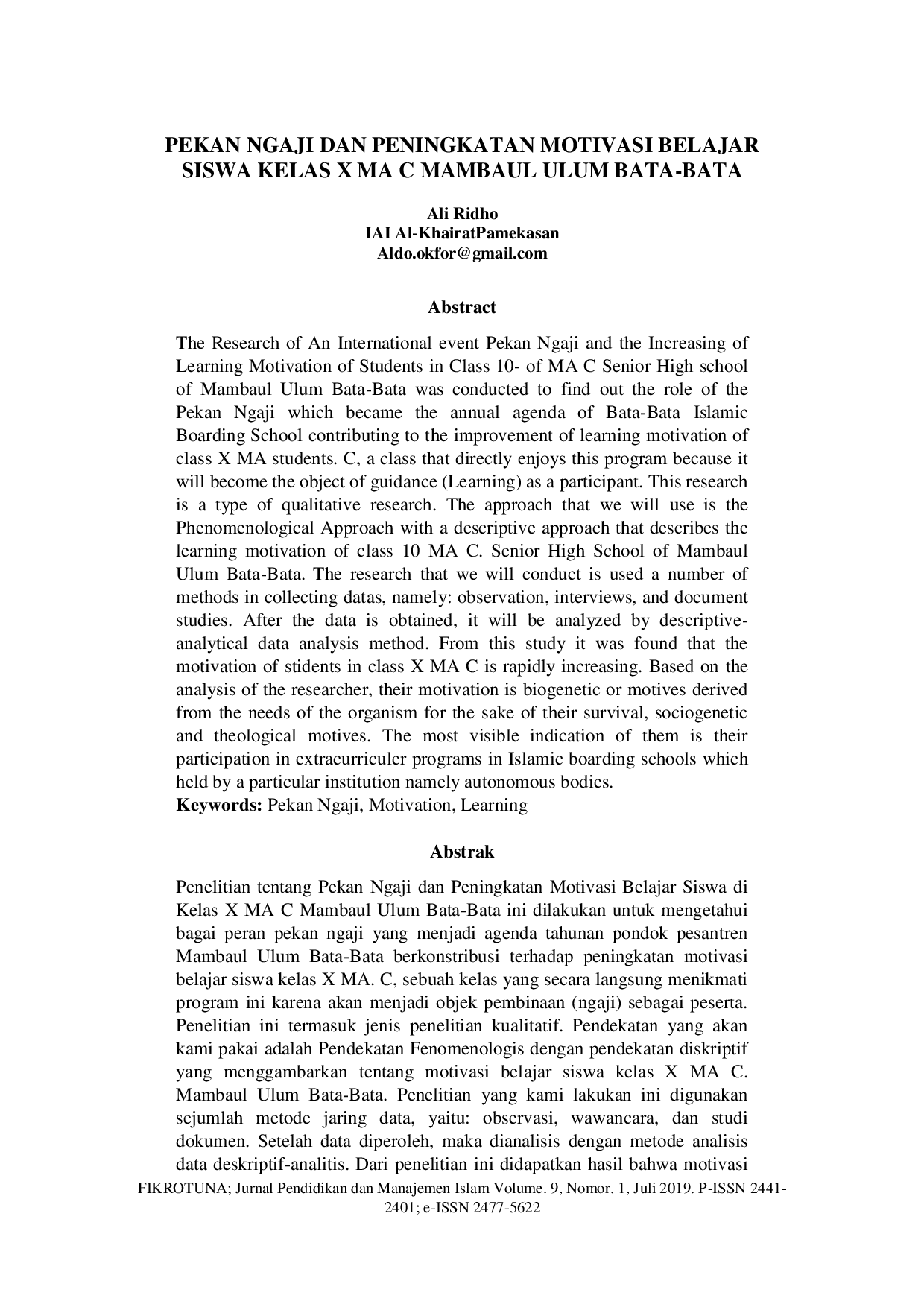 JURIS Pekan Ngaji dan Peningkatan Motivasi Belajar Siswa Kelas X MA C Mambaul Ulum Bata Bata