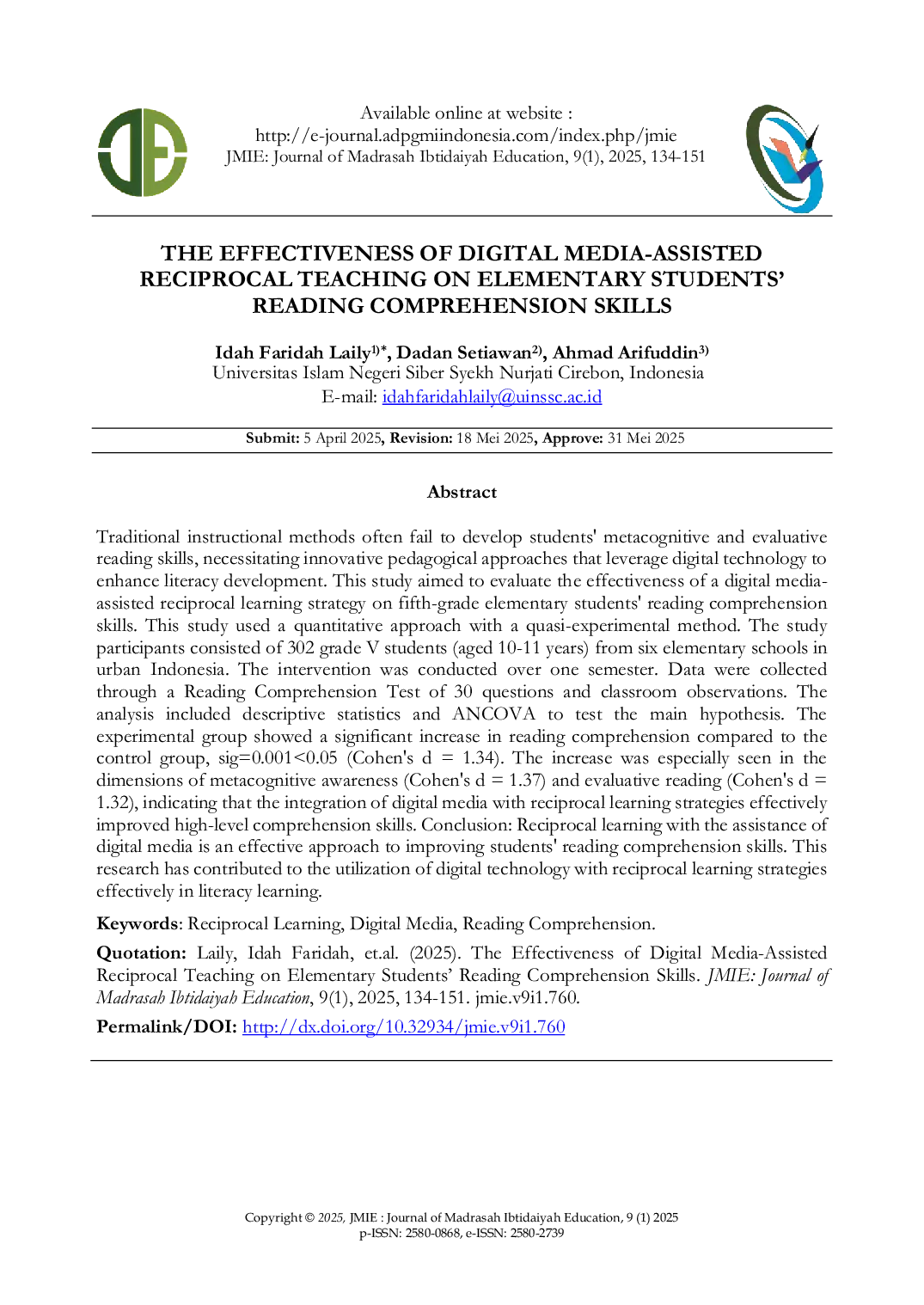JURIS The Effectiveness Of Digital Media Assisted Reciprocal Teaching On Elementary Students Reading Comprehension Skills