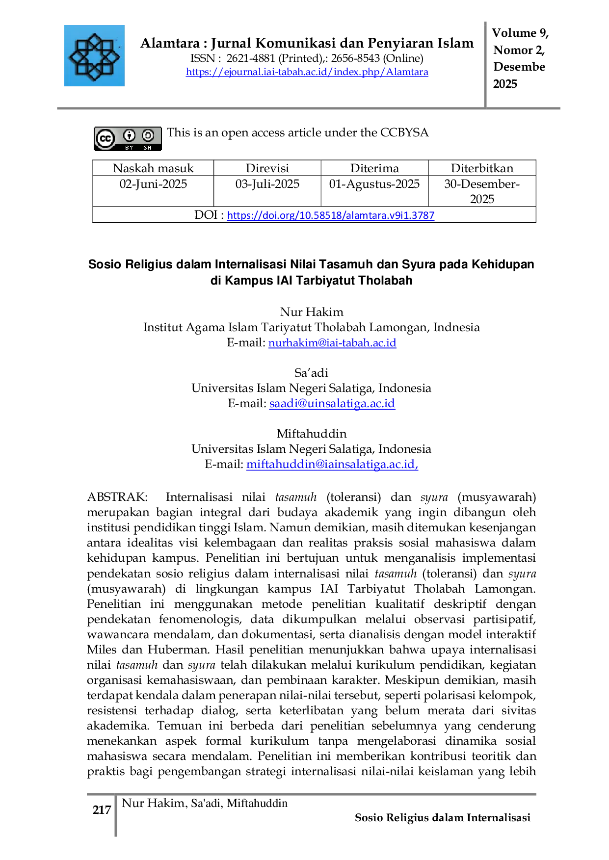 JURIS Sosio Religius dalam Internalisasi Nilai Tasamuh dan Syura pada Kehidupan di Kampus IAI Tarbiyatut Tholabah
