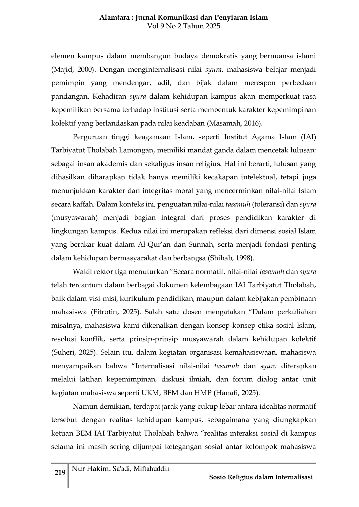 JURIS Sosio Religius dalam Internalisasi Nilai Tasamuh dan Syura pada Kehidupan di Kampus IAI Tarbiyatut Tholabah