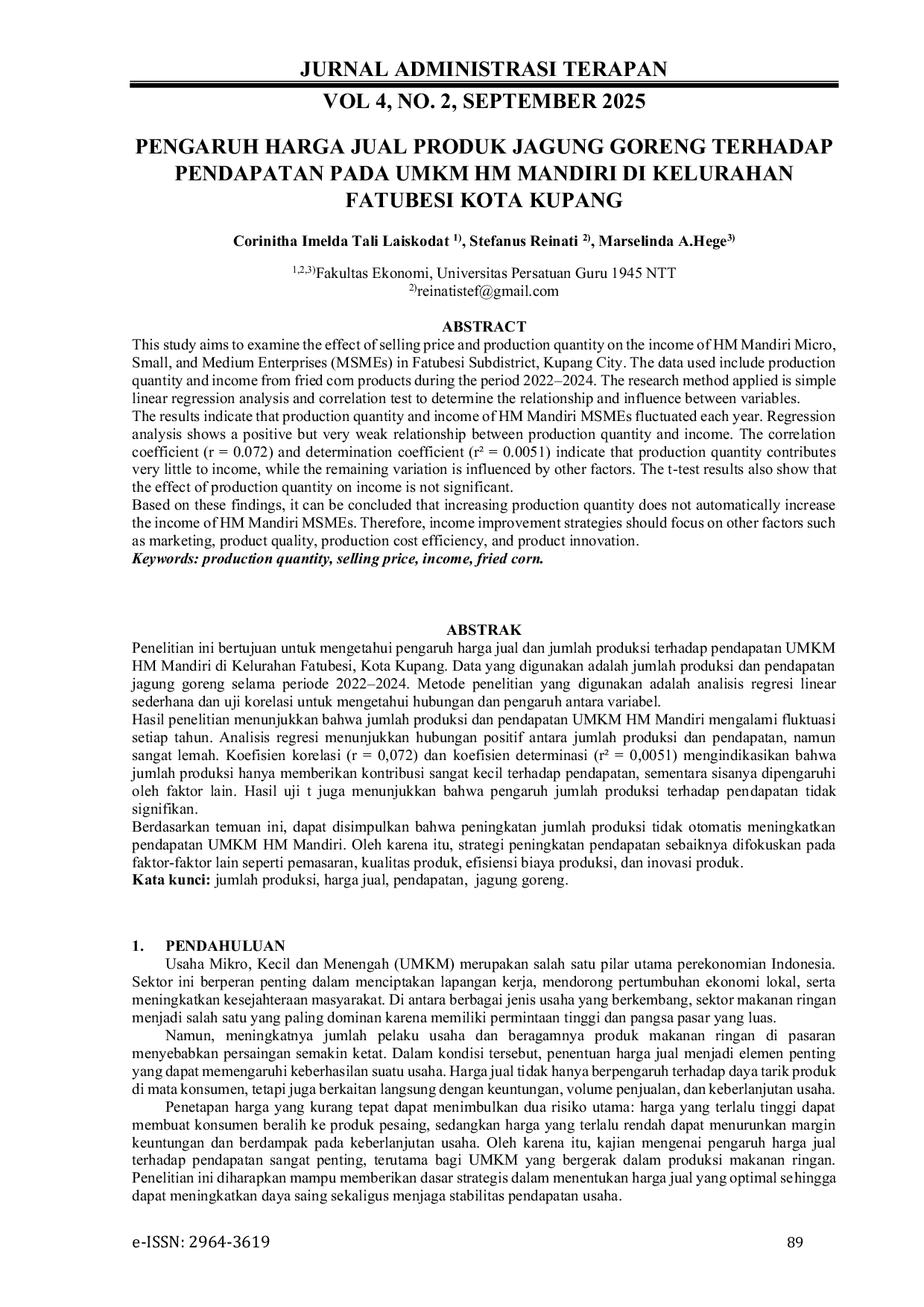 JURIS Pengaruh Harga Jual Produk Jagung Goreng Terhadap Pendapatan Pada UMKM HM Mandiri Di Kelurahan Fatubesi Kota Kupang