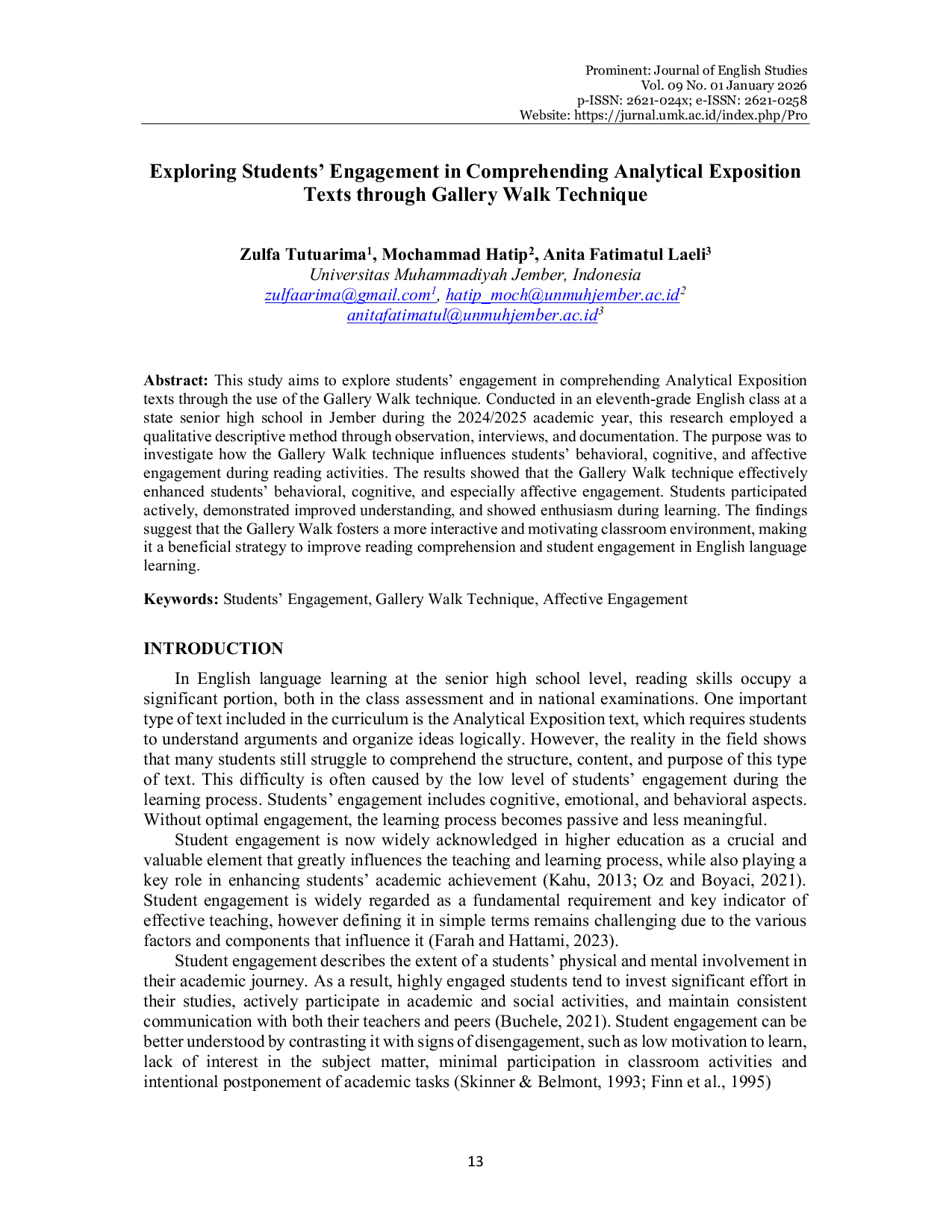 JURIS Exploring Students Engagement in Comprehending Analytical Exposition Texts through Gallery Walk Technique