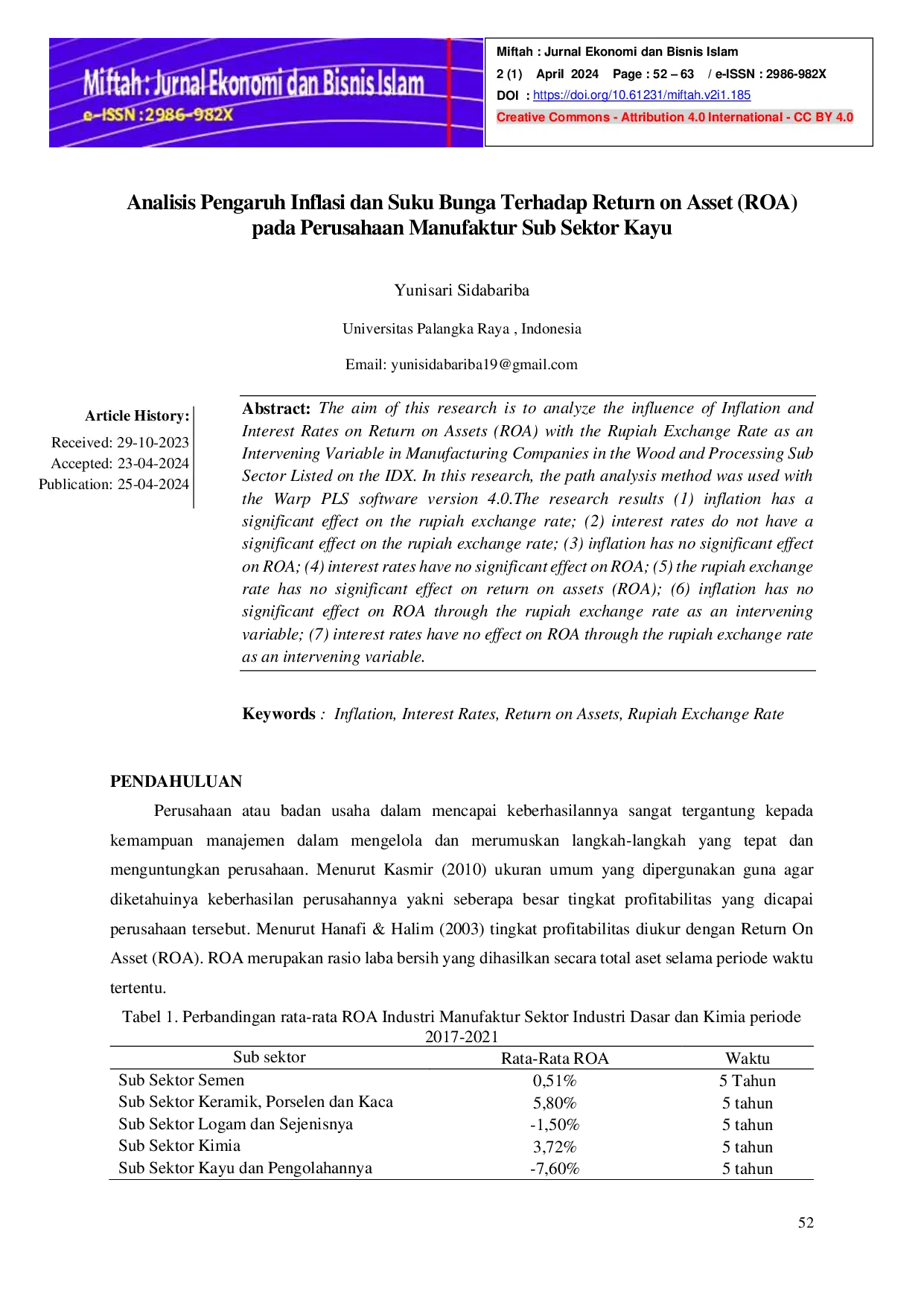 JURIS Analisis Pengaruh Inflasi dan Suku Bunga Terhadap Return on Asset ROA pada Perusahaan Manufaktur Sub Sektor Kayu