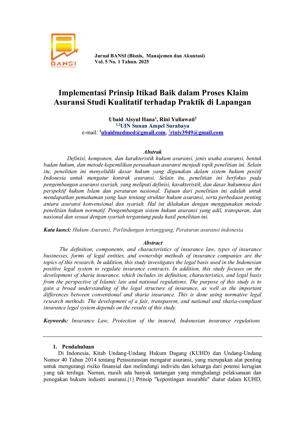 JURIS Implementasi Implementasi Prinsip Itikad Baik dalam Proses Klaim Asuransi Studi Kualitatif terhadap Praktik di Lapangan