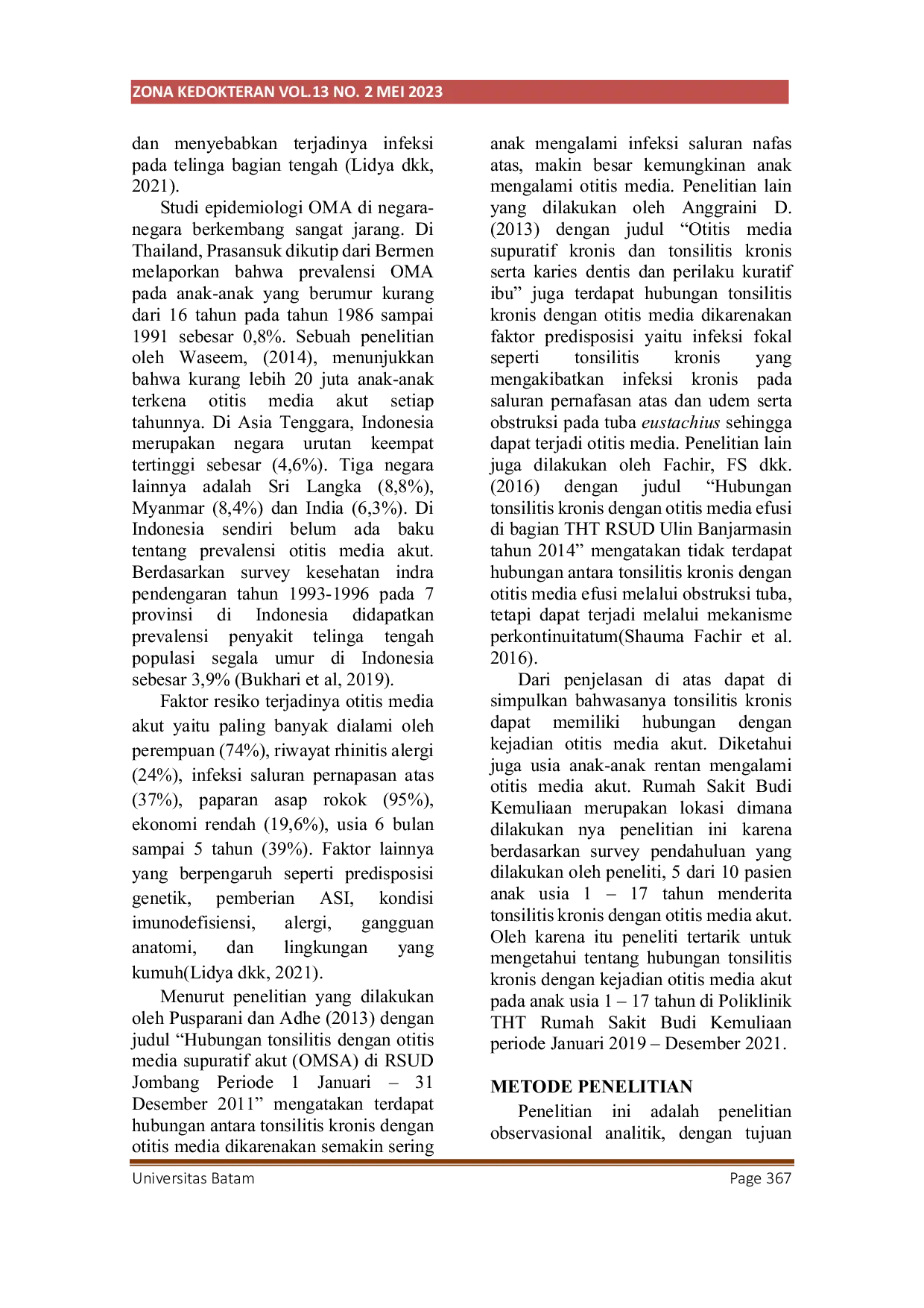 JURIS Hubungan Tonsilitis Kronis dengan Kejadian Otitis Media Akut pada Anak Usia 1 17 Tahun di Poliklinik THT Rumah Sakit Budi Kemuliaan Tahun 2019 2021