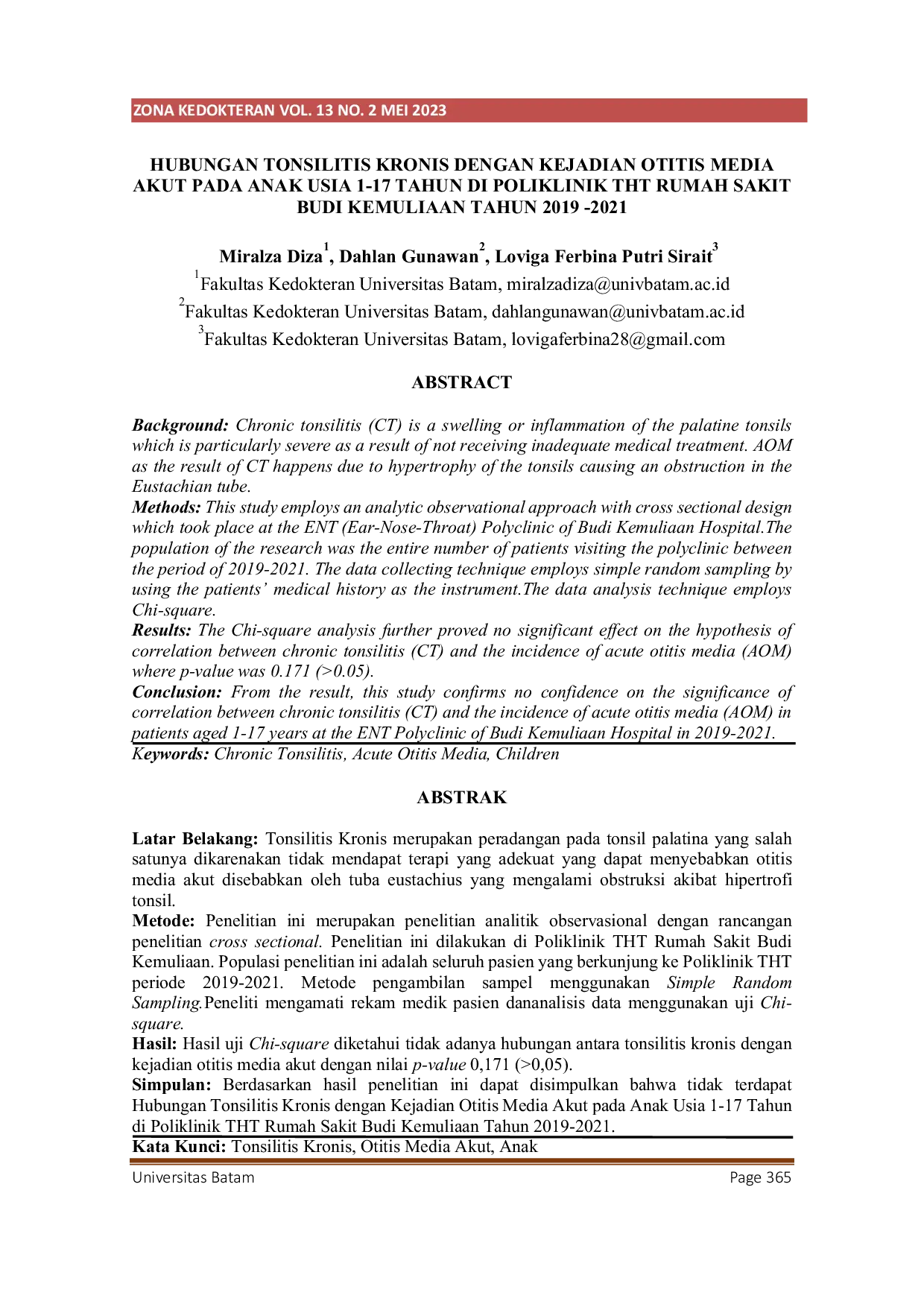 JURIS Hubungan Tonsilitis Kronis dengan Kejadian Otitis Media Akut pada Anak Usia 1 17 Tahun di Poliklinik THT Rumah Sakit Budi Kemuliaan Tahun 2019 2021
