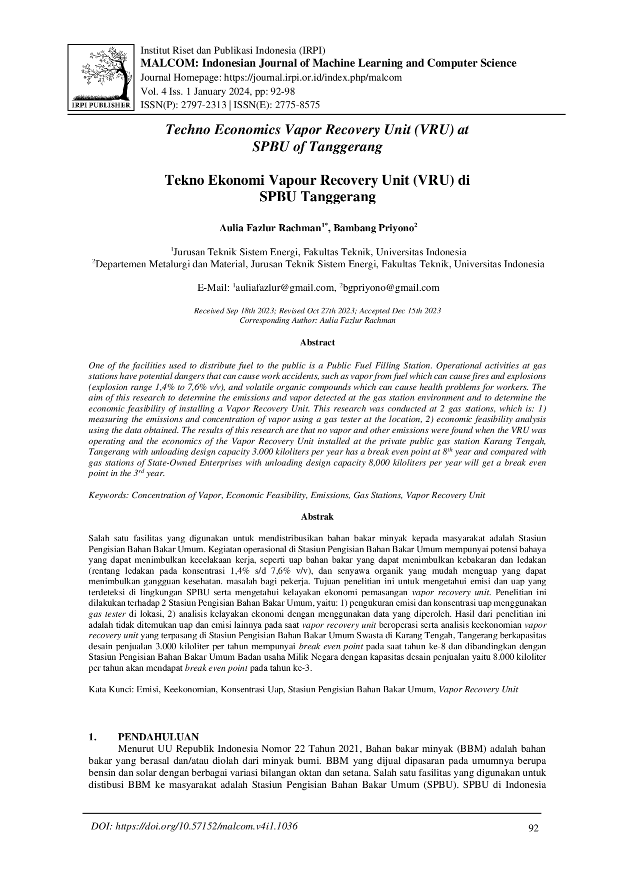 juris Tekno Ekonomi Vapour Recovery Unit VRU di SPBU Tanggerang