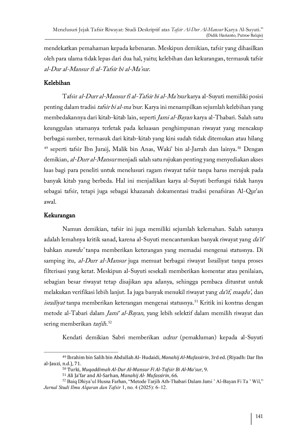 JURIS Menelusuri Jejak Tafsir Riwayat Studi Deskriptif atas Tafsir Al Dur Al Mansur Karya Al Suyuti