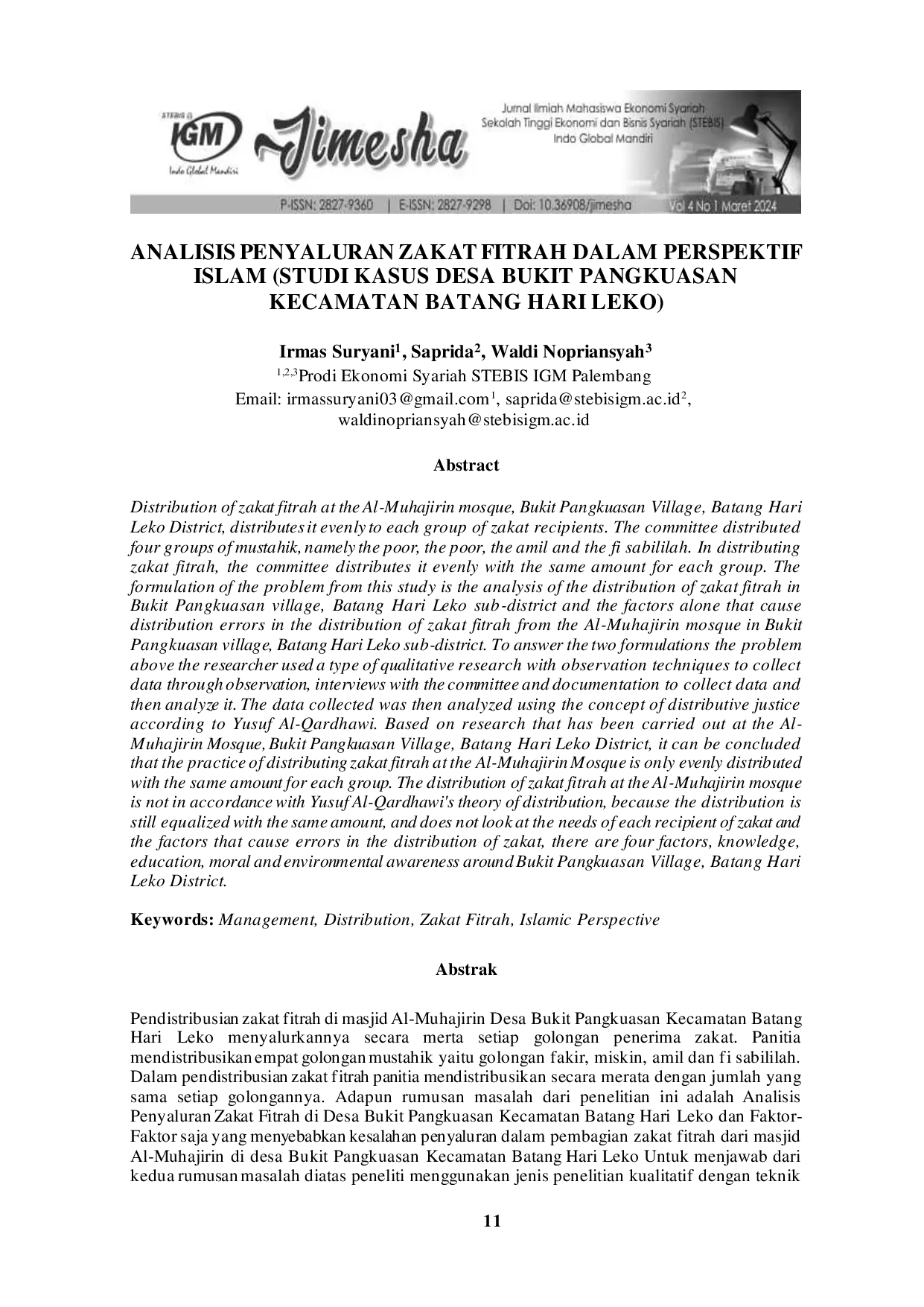 JURIS Analisis Penyaluran Zakat Fitrah Dalam Perspektif Islam Studi Kasus Desa Bukit Pangkuasan Kecamatan Batang Hari Leko
