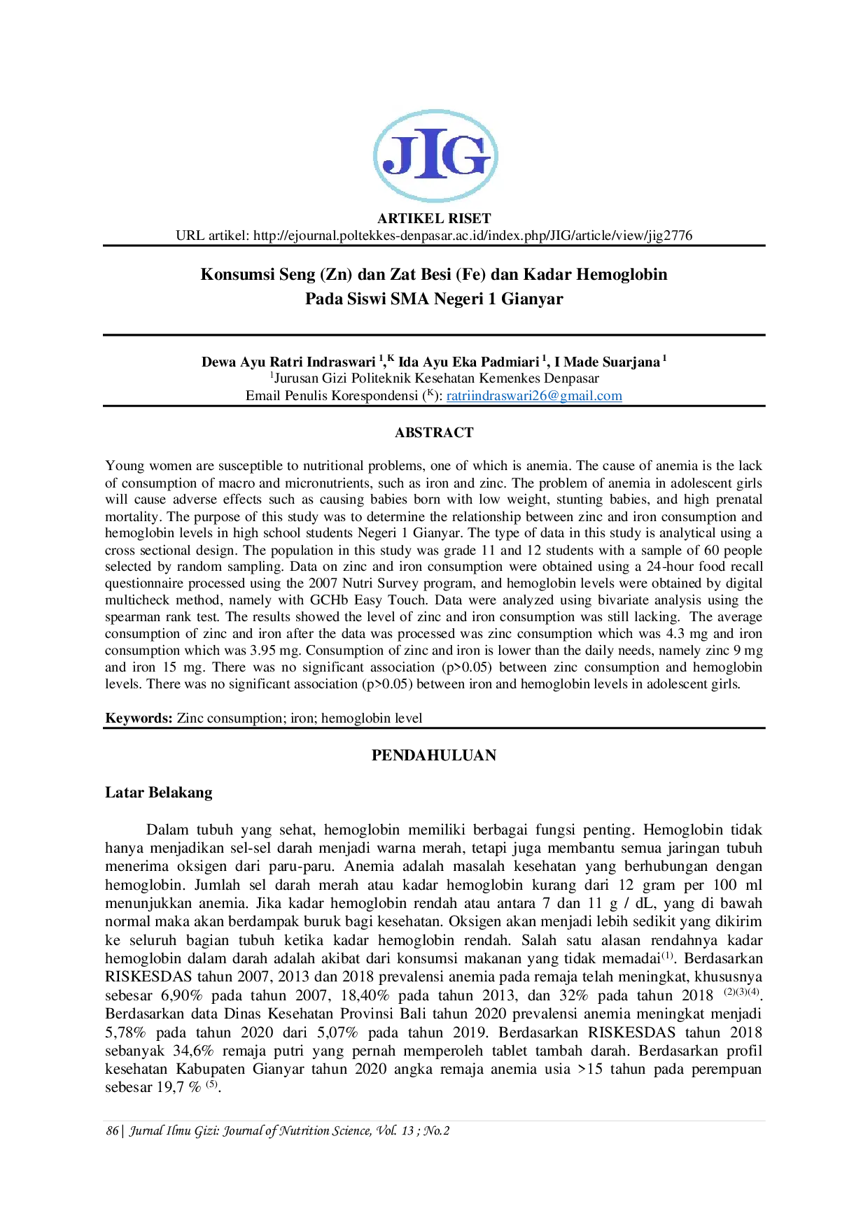 JURIS Konsumsi Seng Zn dan Zat Besi Fe dan Kadar Hemogoblin Pada Siswi SMA Negeri 1 Gianyar