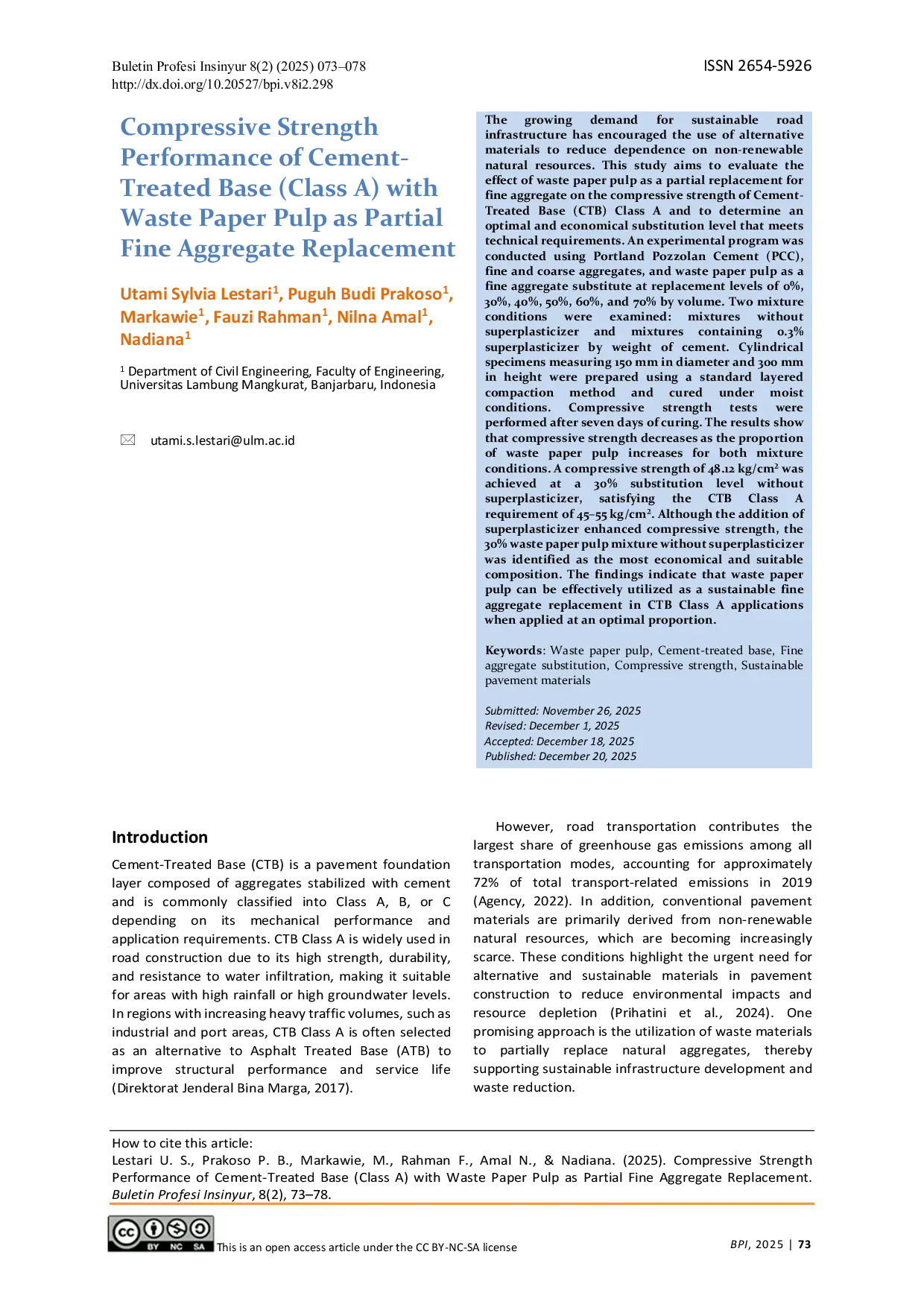 JURIS Compressive Strength Performance of Cement Treated Base Class A with Waste Paper Pulp as Partial Fine Aggregate Replacement