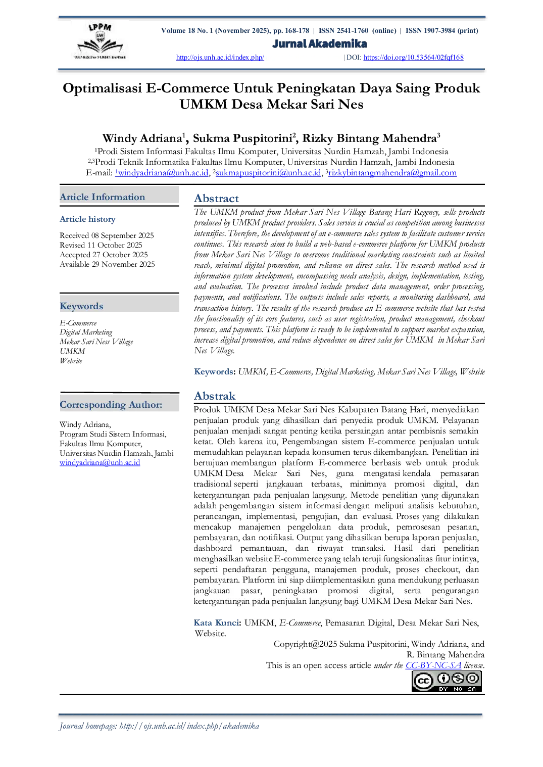 JURIS OPTIMALISASI E COMMERCE UNTUK PENINGKATAN DAYA SAING PRODUK UMKM DESA MEKAR SARI NES E Commerce Digital Marketing Mekar Sari Ness Village UMKM Website