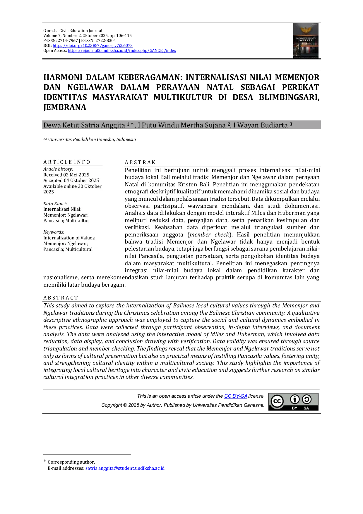 JURIS Harmoni dalam Keberagaman Internalisasi Nilai Memenjor dan Ngelawar dalam Perayaan Natal sebagai Perekat Identitas Masyarakat Multikultur di Desa Blimbingsari Jembrana