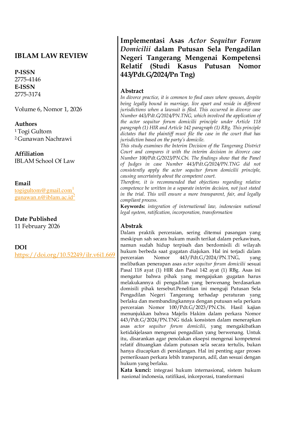 JURIS Implementasi Asas Actor Sequitur Forum Domicilii dalam Putusan Sela Pengadilan Negeri Tangerang Mengenai Kompetensi Relatif Studi Kasus Putusan Nomor 443 Pdt G 2024 Pn Tng