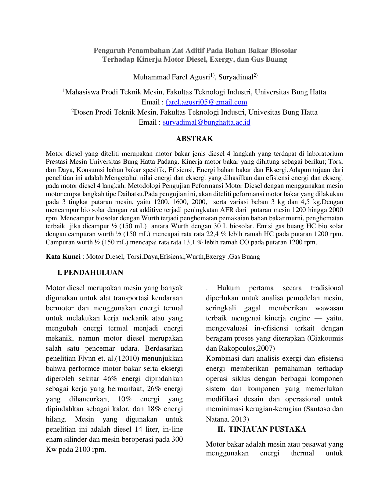 JURIS Pengaruh Penambahan Zat Aditif Pada Bahan Bakar Biosolar Terhadap Kinerja Motor Diesel Exergy dan Gas Buang