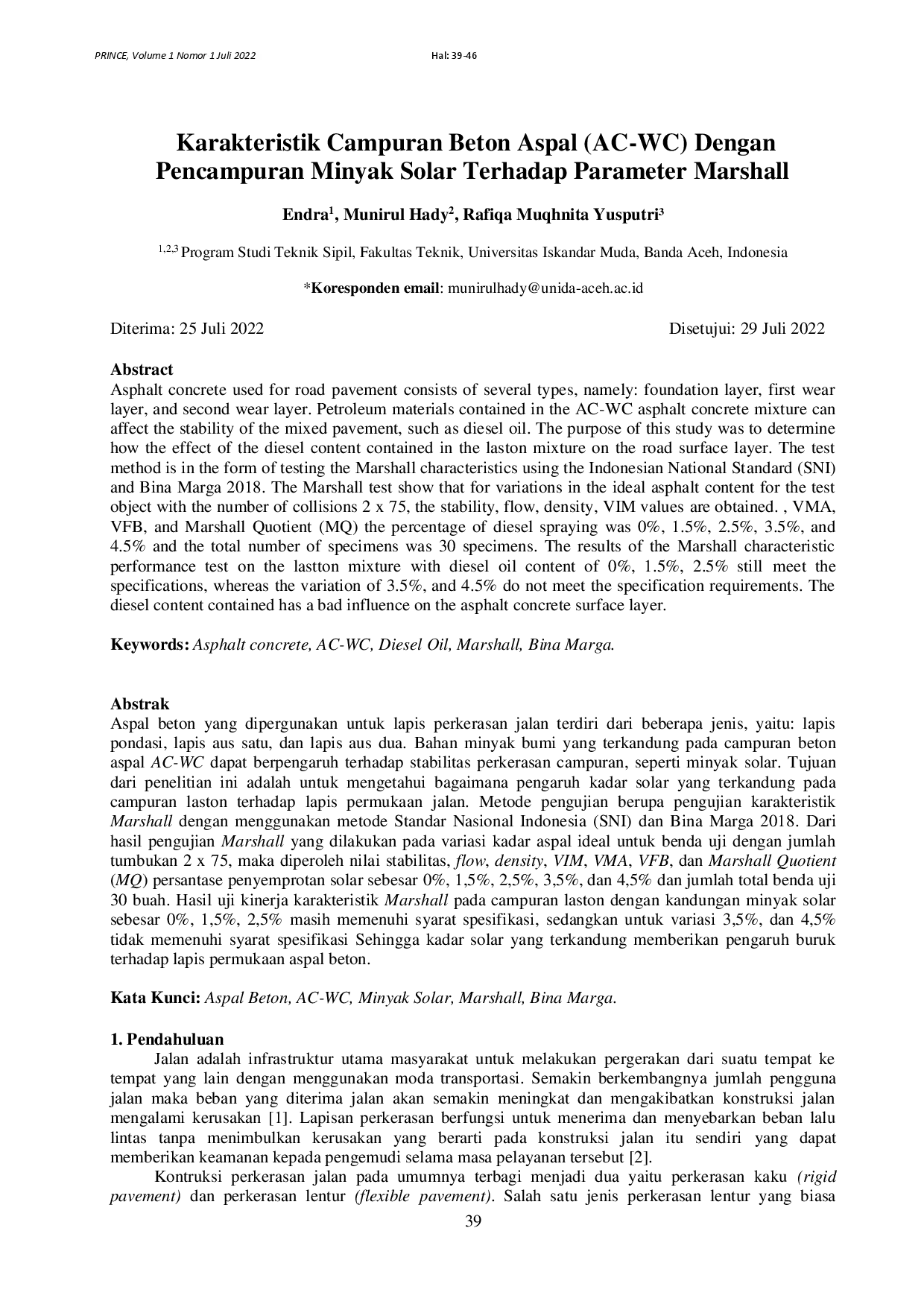 juris Karakteristik Campuran Beton Aspal AC WC Dengan Pencampuran Minyak Solar Terhadap Parameter Marshall