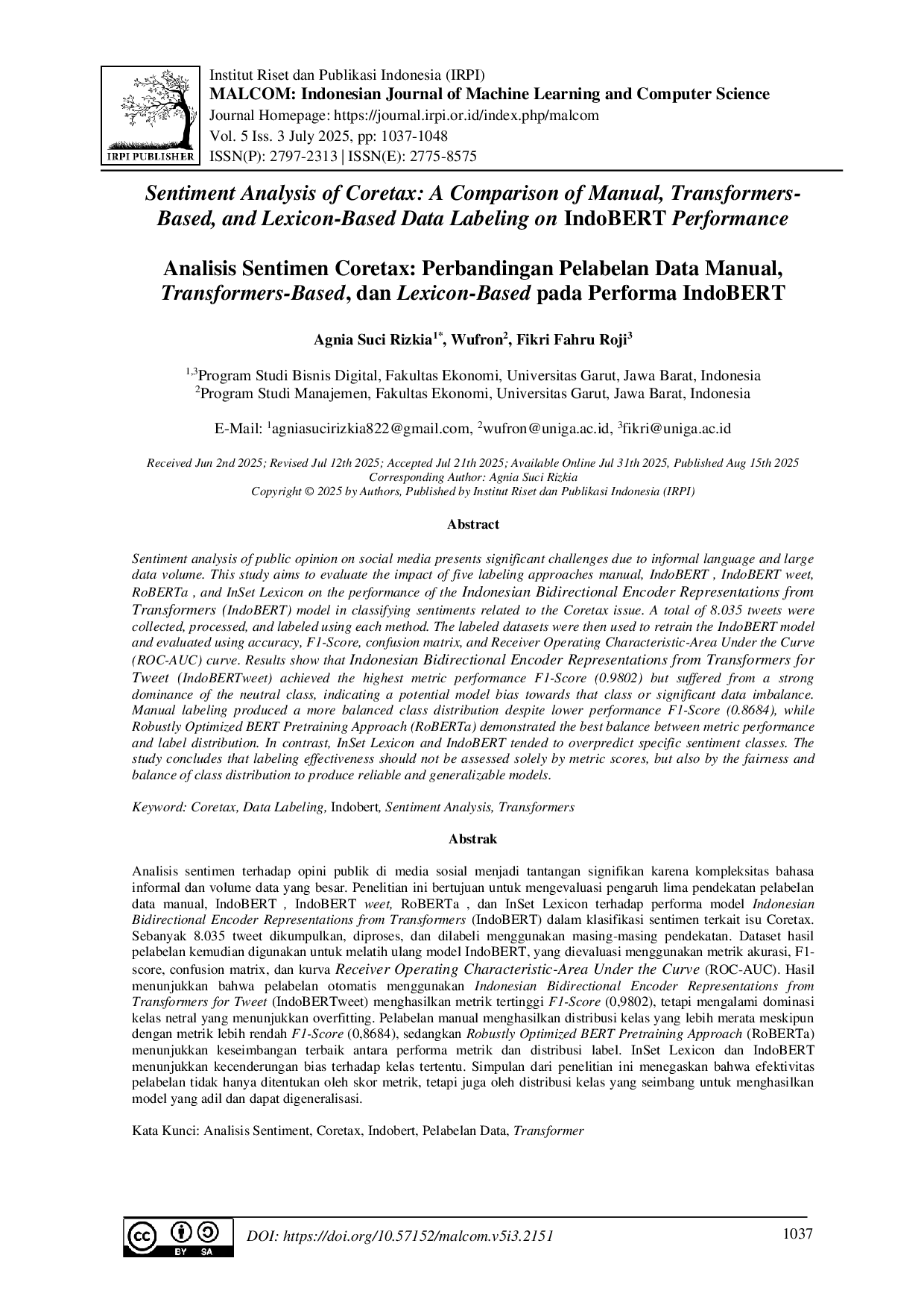 JURIS Analisis Sentimen Coretax Perbandingan Pelabelan Data Manual Transformers Based dan Lexicon Based pada Performa IndoBERT