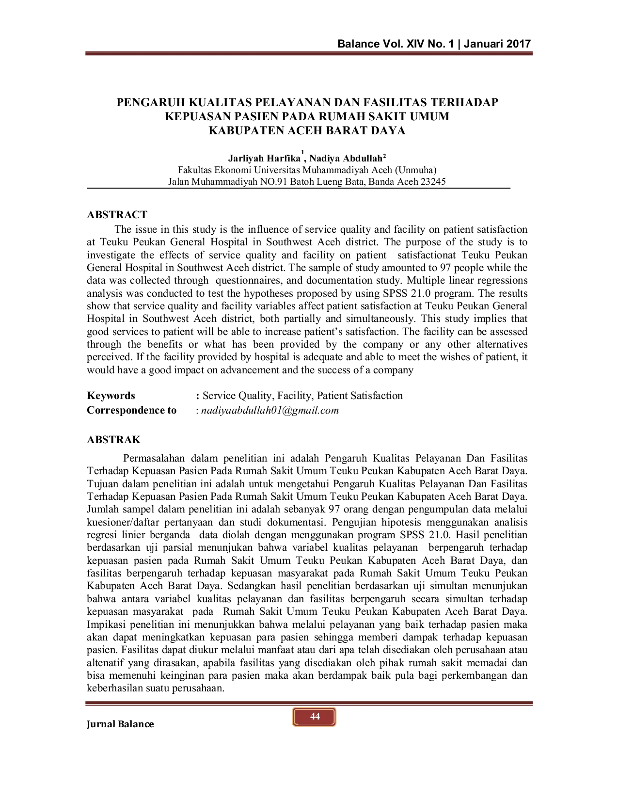 JURIS Pengaruh Kualitas Pelayanan Dan Fasilitas Terhadap Kepuasan Pasien Pada Rumah Sakit Umum Kabupaten Aceh Barat Daya