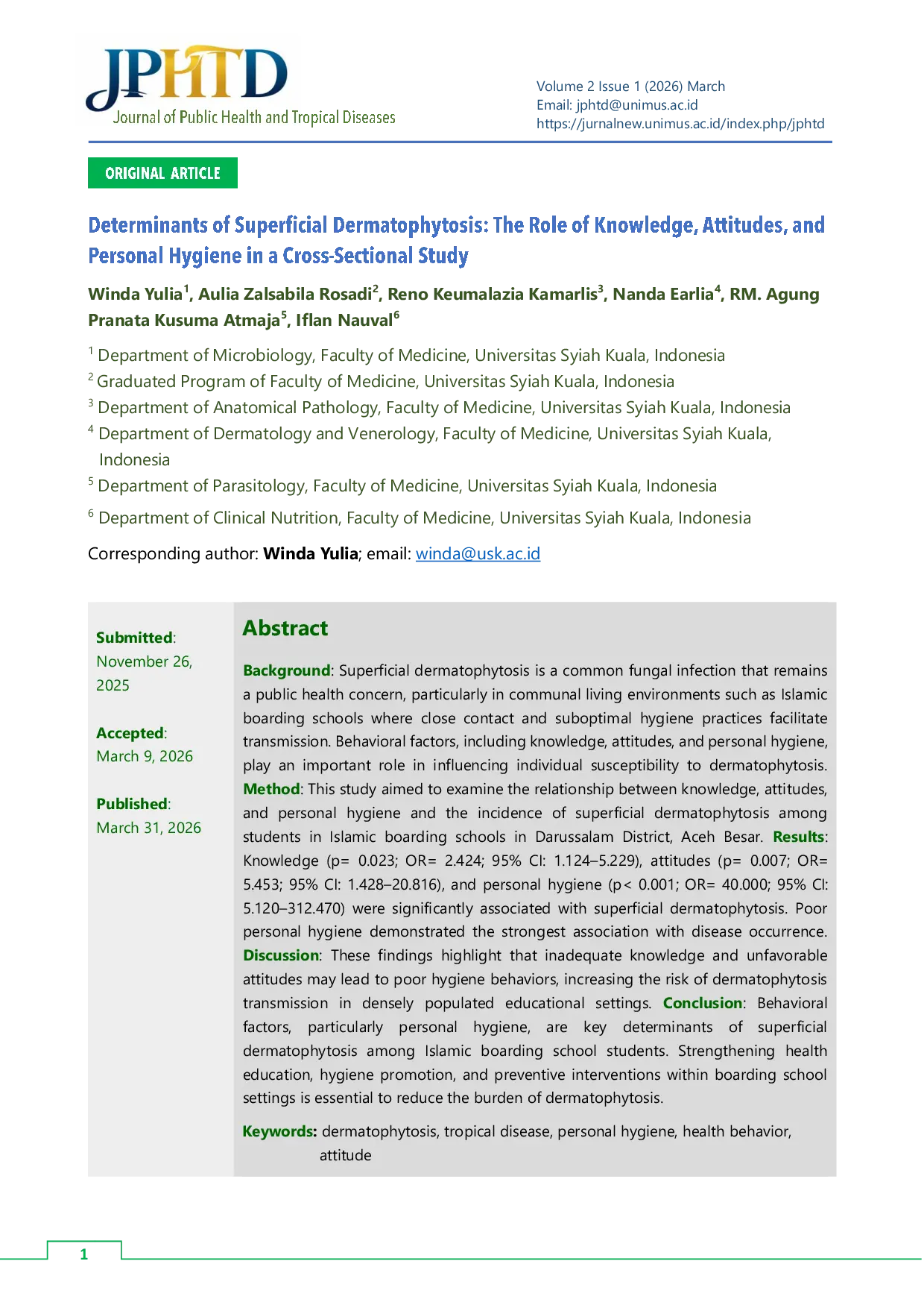 JURIS Determinants of Superficial Dermatophytosis The Role of Knowledge Attitudes and Personal Hygiene in a Cross Sectional Study