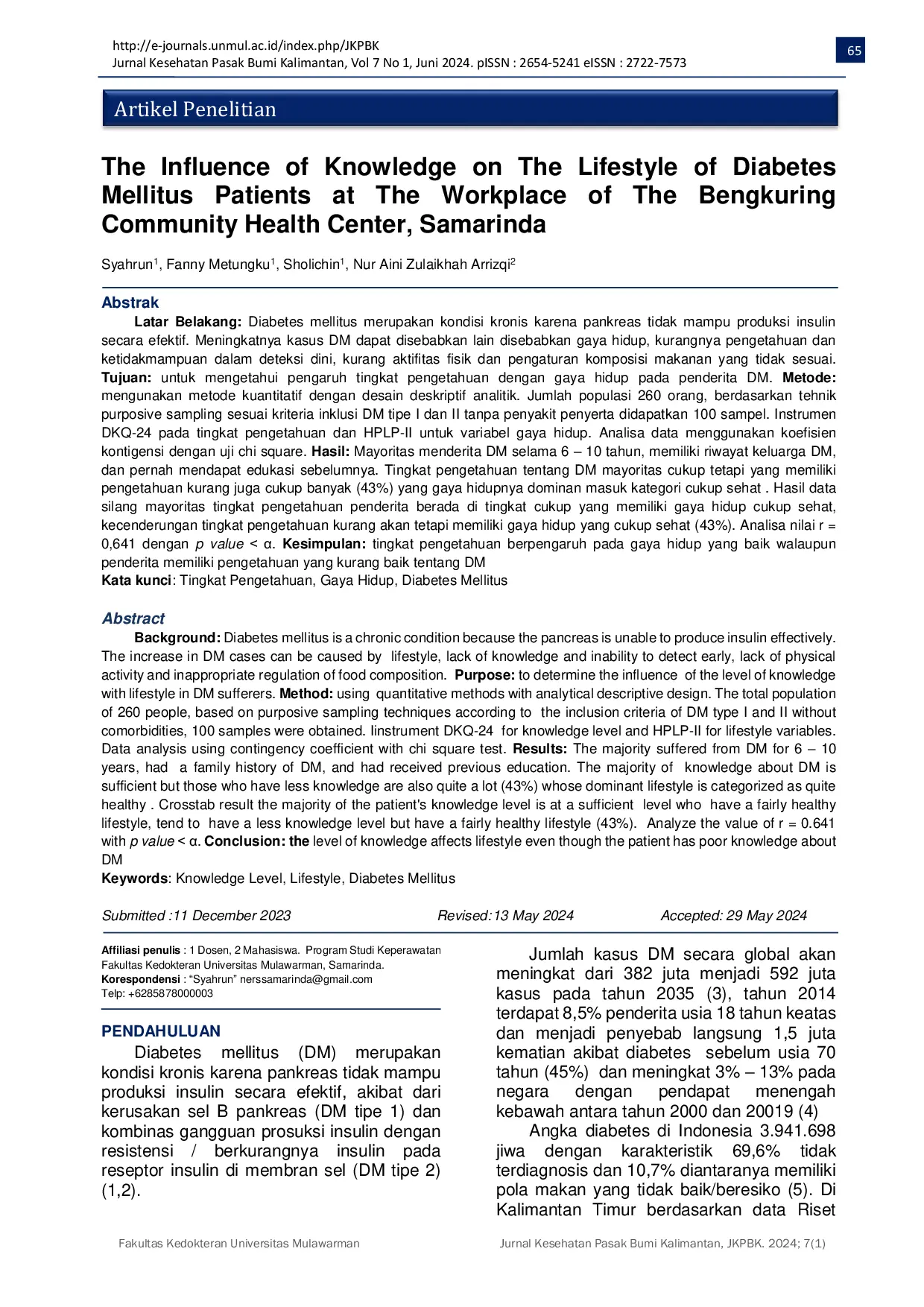 JURIS The Influence of Knowledge on The Lifestyle of Diabetes Mellitus Patients at The Workplace of The Bengkuring Community Health Center Samarinda