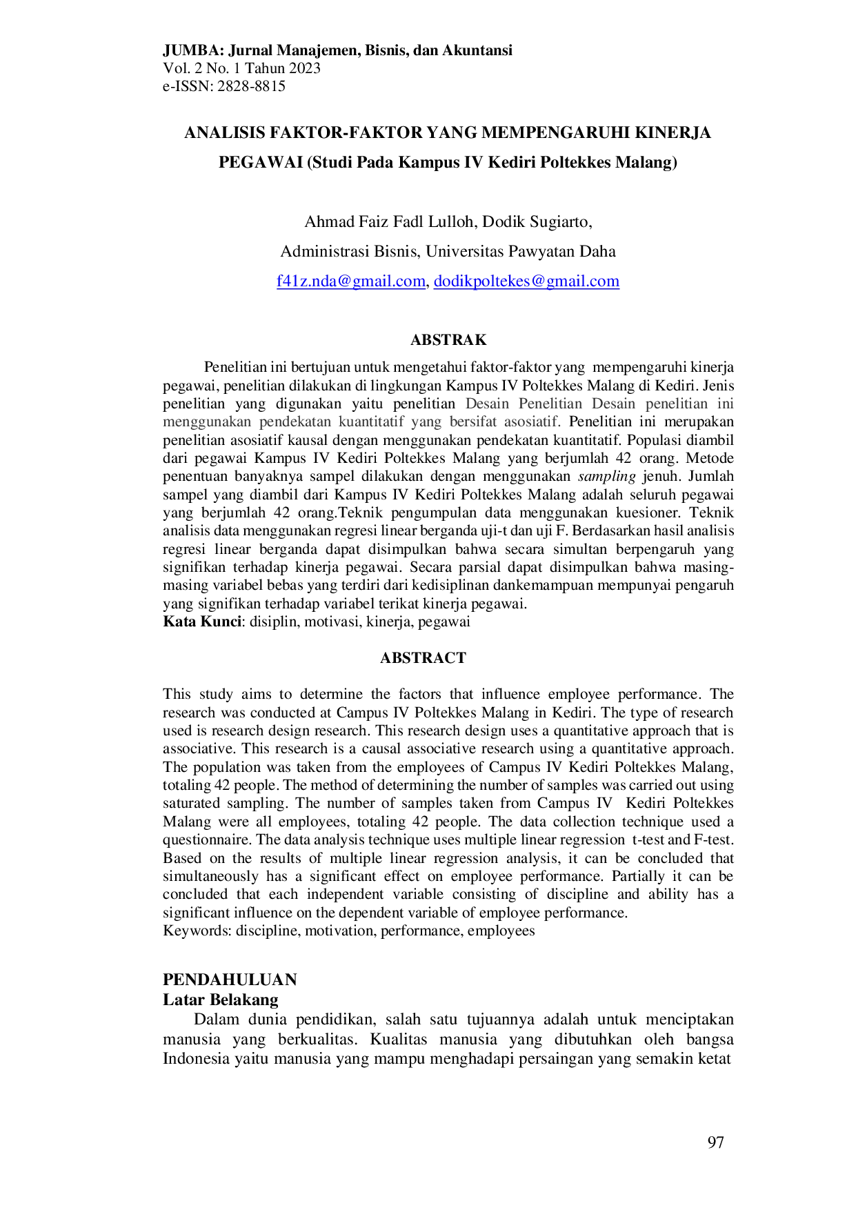 JURIS Analisis Faktor Faktor Yang Memengaruhi Kinerja Pegawai Studi Pada Kampus IV Kediri Poltekkes Malang