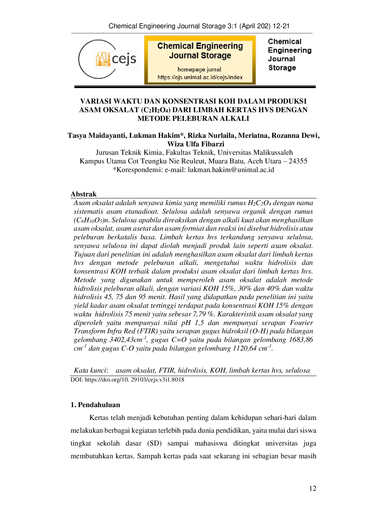 JURIS Variasi Waktu dan Konsentrasi KOH Dalam Produksi Asam Oksalat C2H2O4 dari Limbah Kertas Hvs Dengan Metode Peleburan Alkali