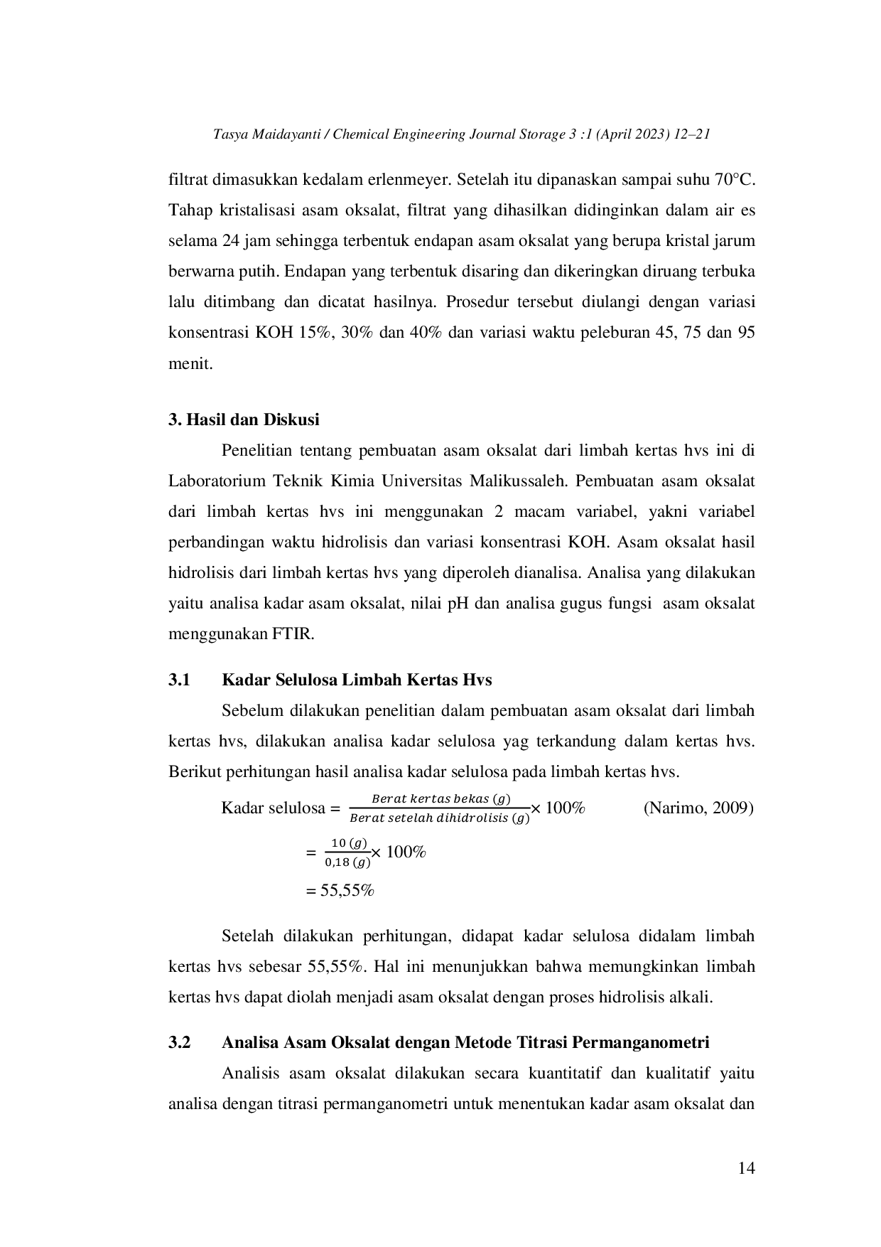 JURIS Variasi Waktu dan Konsentrasi KOH Dalam Produksi Asam Oksalat C2H2O4 dari Limbah Kertas Hvs Dengan Metode Peleburan Alkali