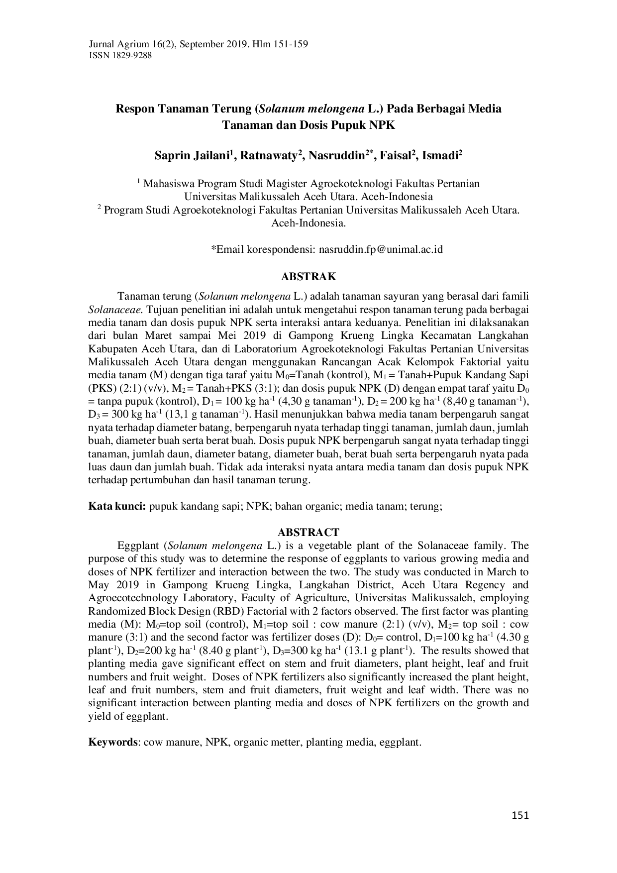 JURIS Respon Tanaman Terung Solanum melongena L Pada Berbagai Media Tanaman dan Dosis Pupuk NPK