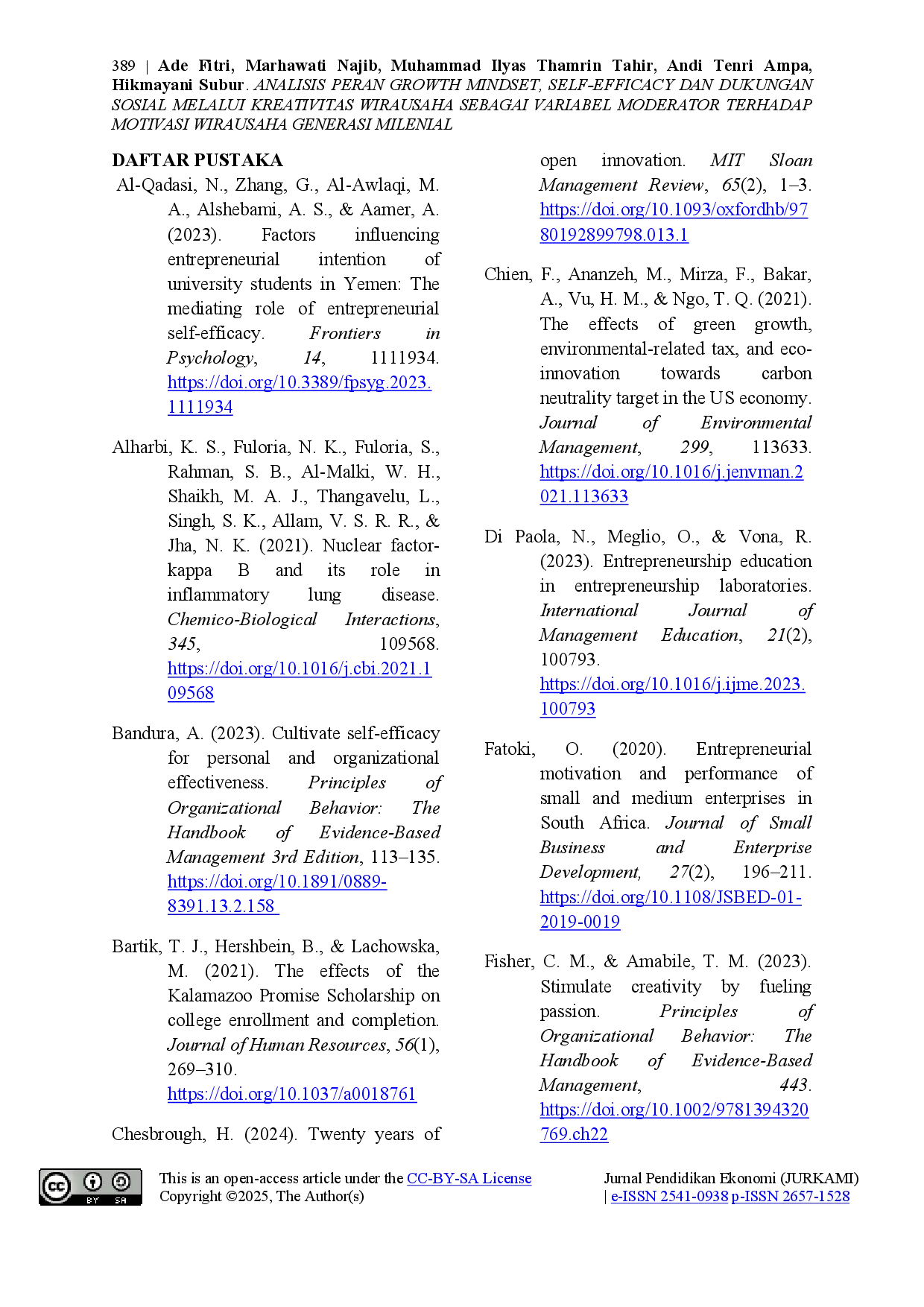 juris Analisis Peran Growth Mindset Self Efficacy Dan Dukungan Sosial Melalui Kreativitas Wirausaha Sebagai Variabel Moderator Terhadap Motivasi Wirausaha Generasi Milenial
