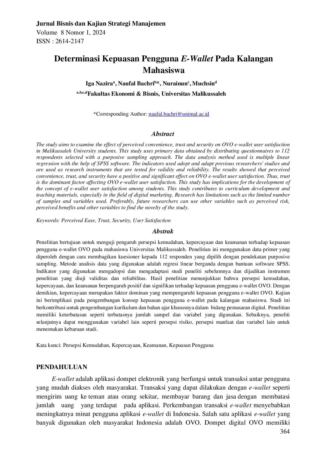 JURIS Determinasi Kepuasan Pengguna E Wallet Pada Kalangan Mahasiswa