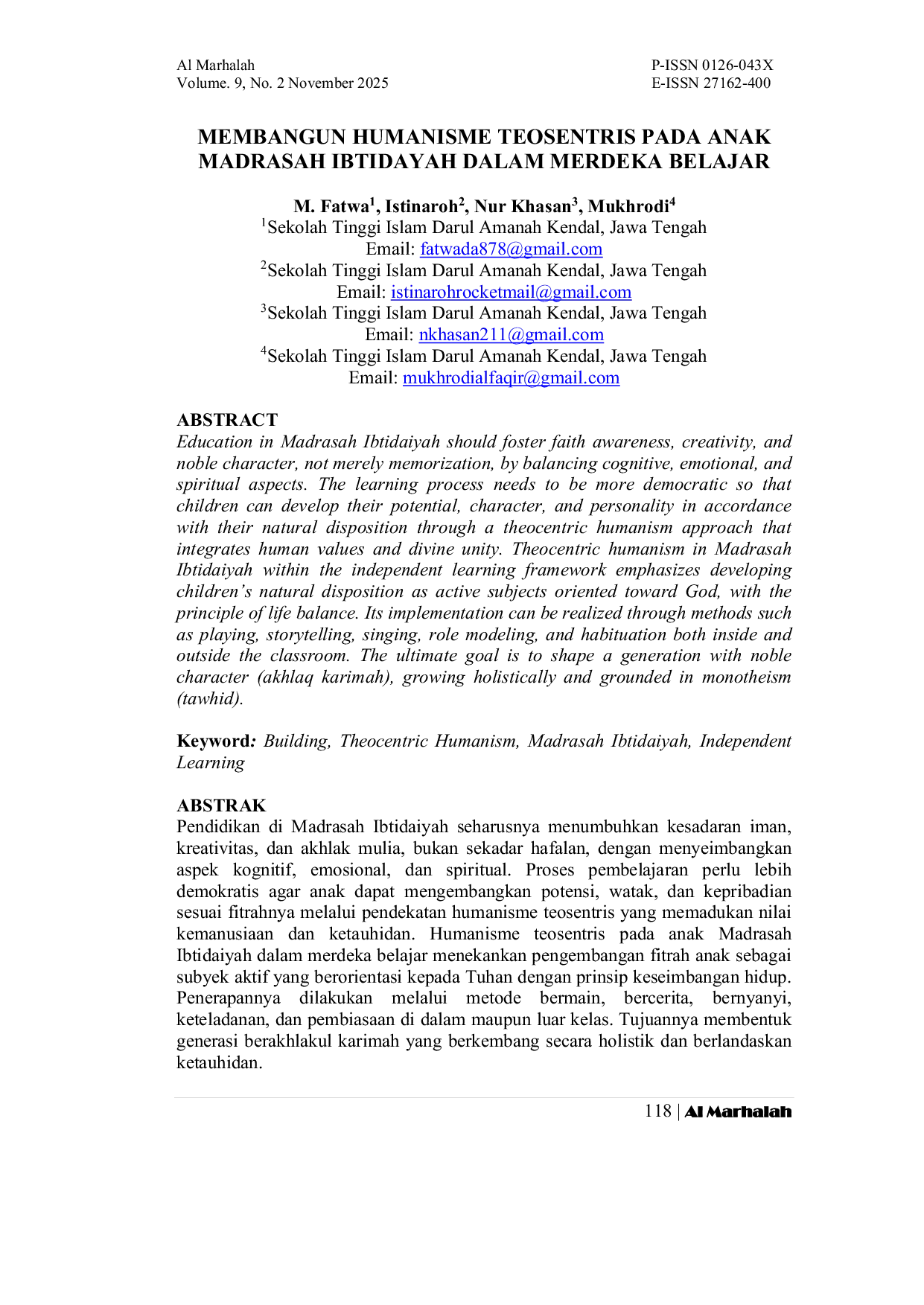JURIS Membangun Humanisme Teosentris Pada Anak Madrasah Ibtidaiyah Dalam Merdeka Belajar