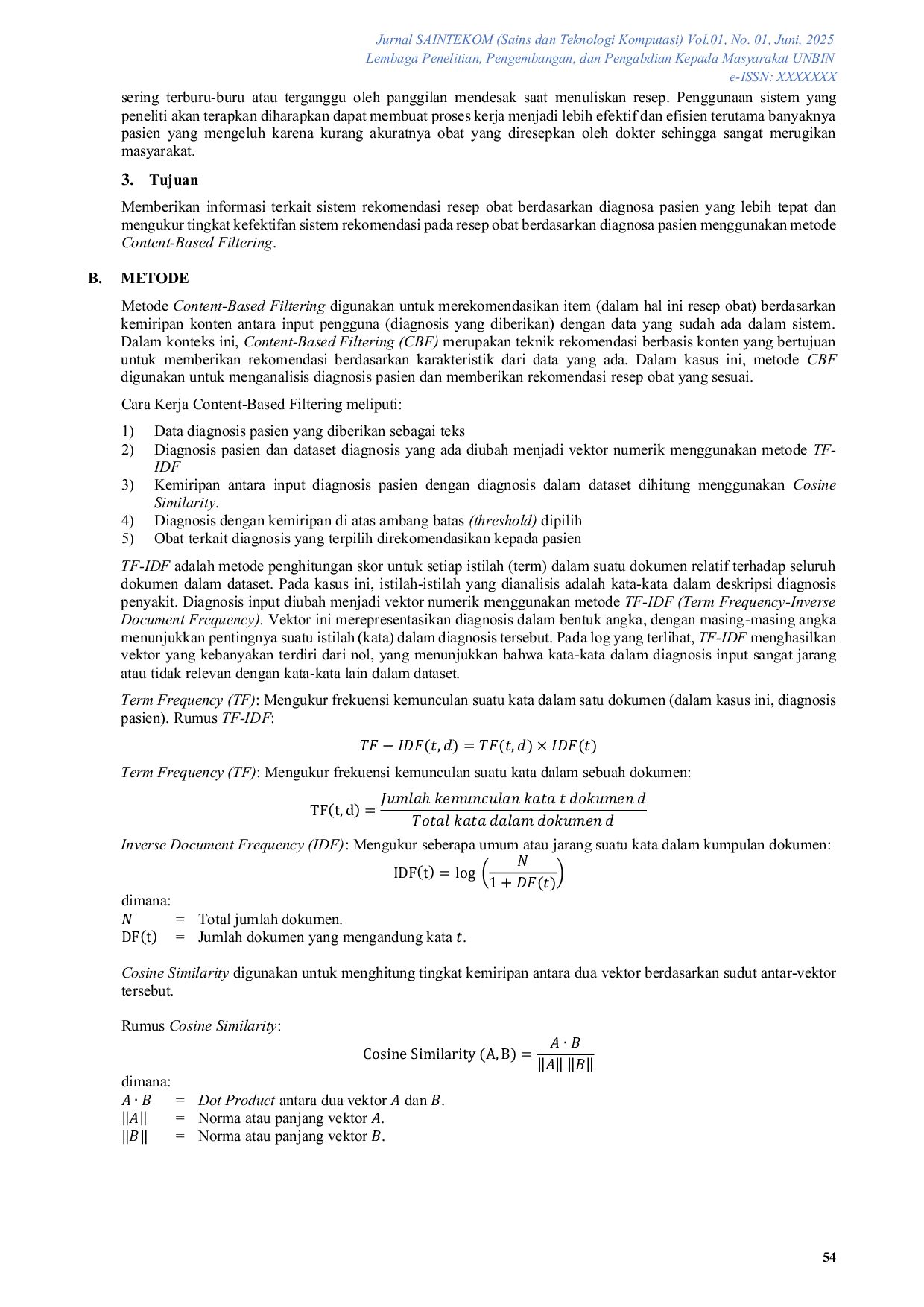 JURIS Penerapan Metode Content Based Filtering untuk Rekomendasi pada Resep Obat Berdasarkan Diagnosa Pasien