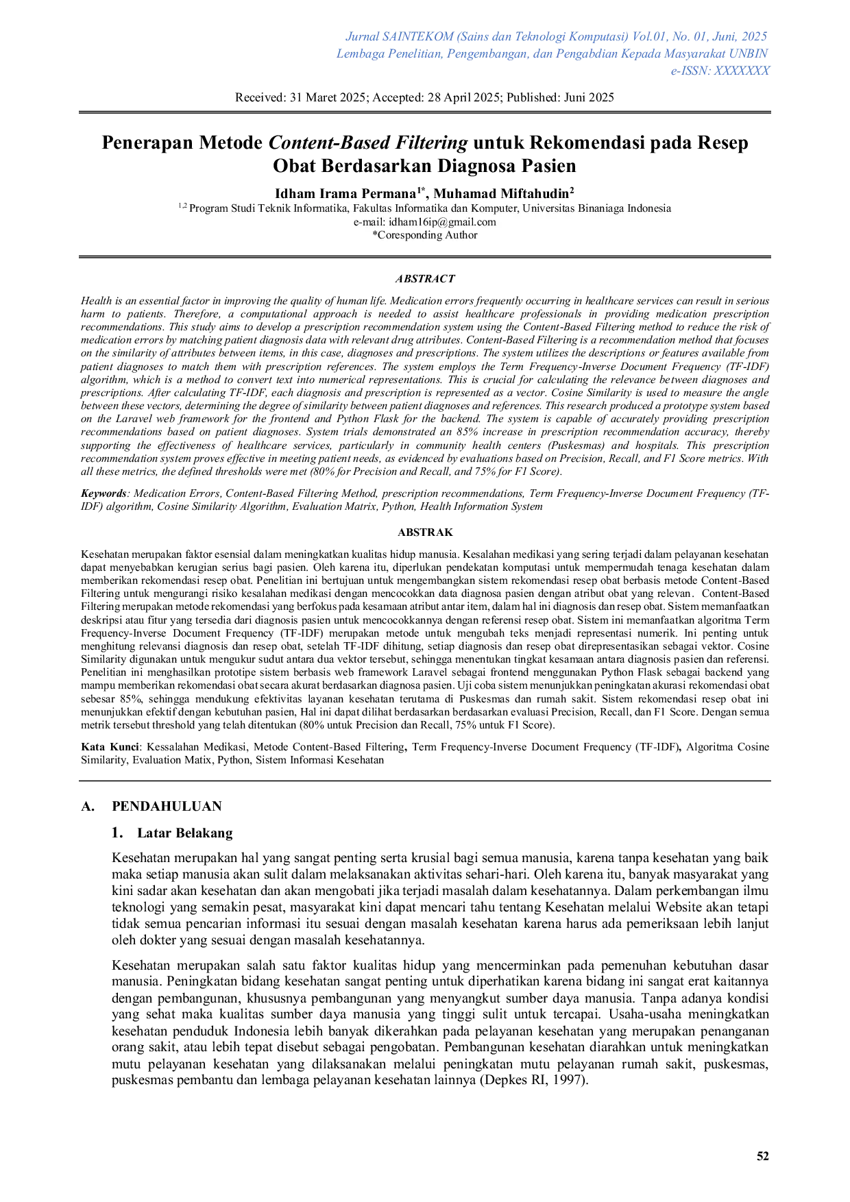 JURIS Penerapan Metode Content Based Filtering untuk Rekomendasi pada Resep Obat Berdasarkan Diagnosa Pasien
