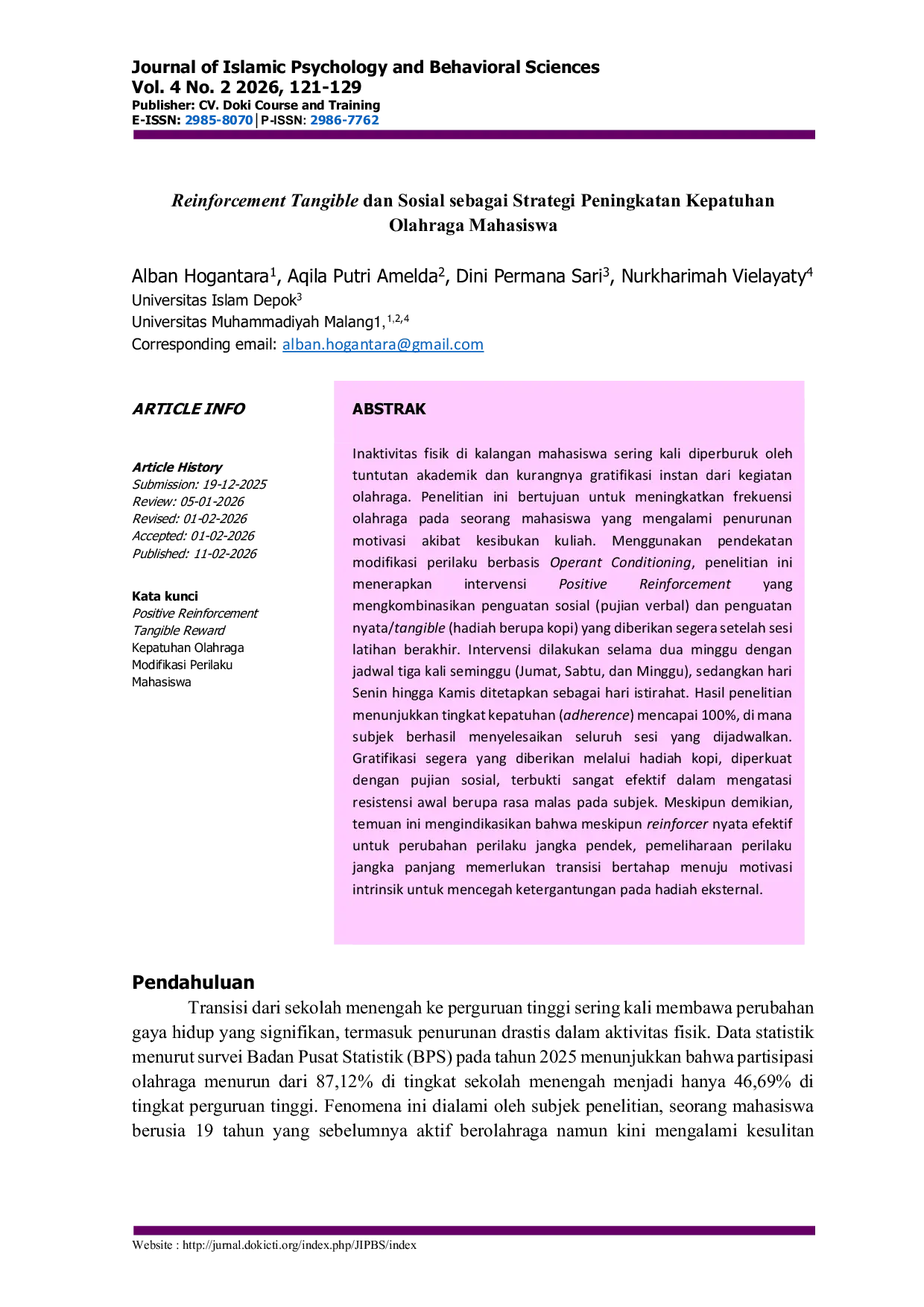 JURIS Reinforcement Tangible dan Sosial sebagai Strategi Peningkatan Kepatuhan Olahraga Mahasiswa