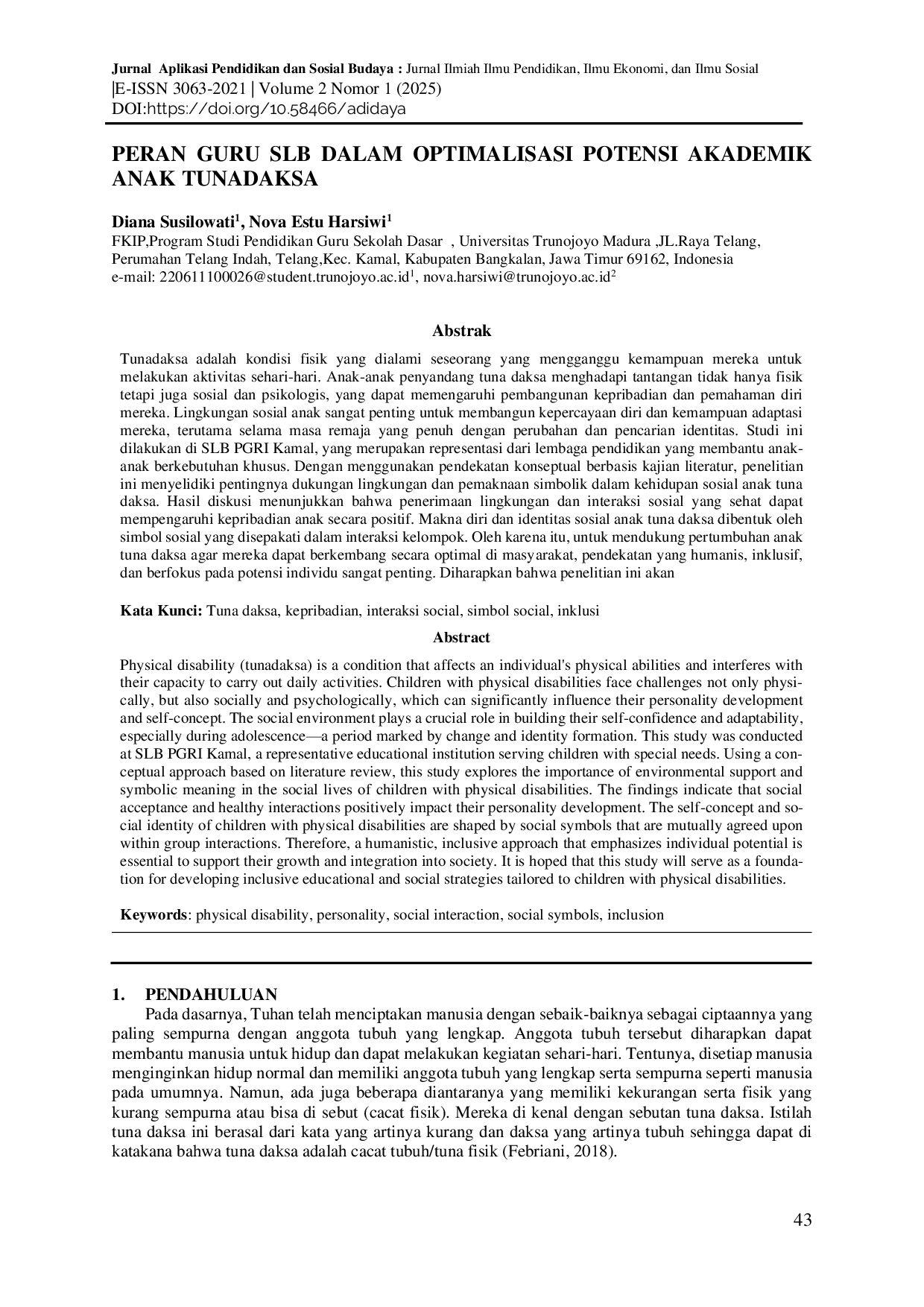 JURIS Peran Guru SLB Dalam Optimalisasi Potensi Akademik Anak Tunadaksa