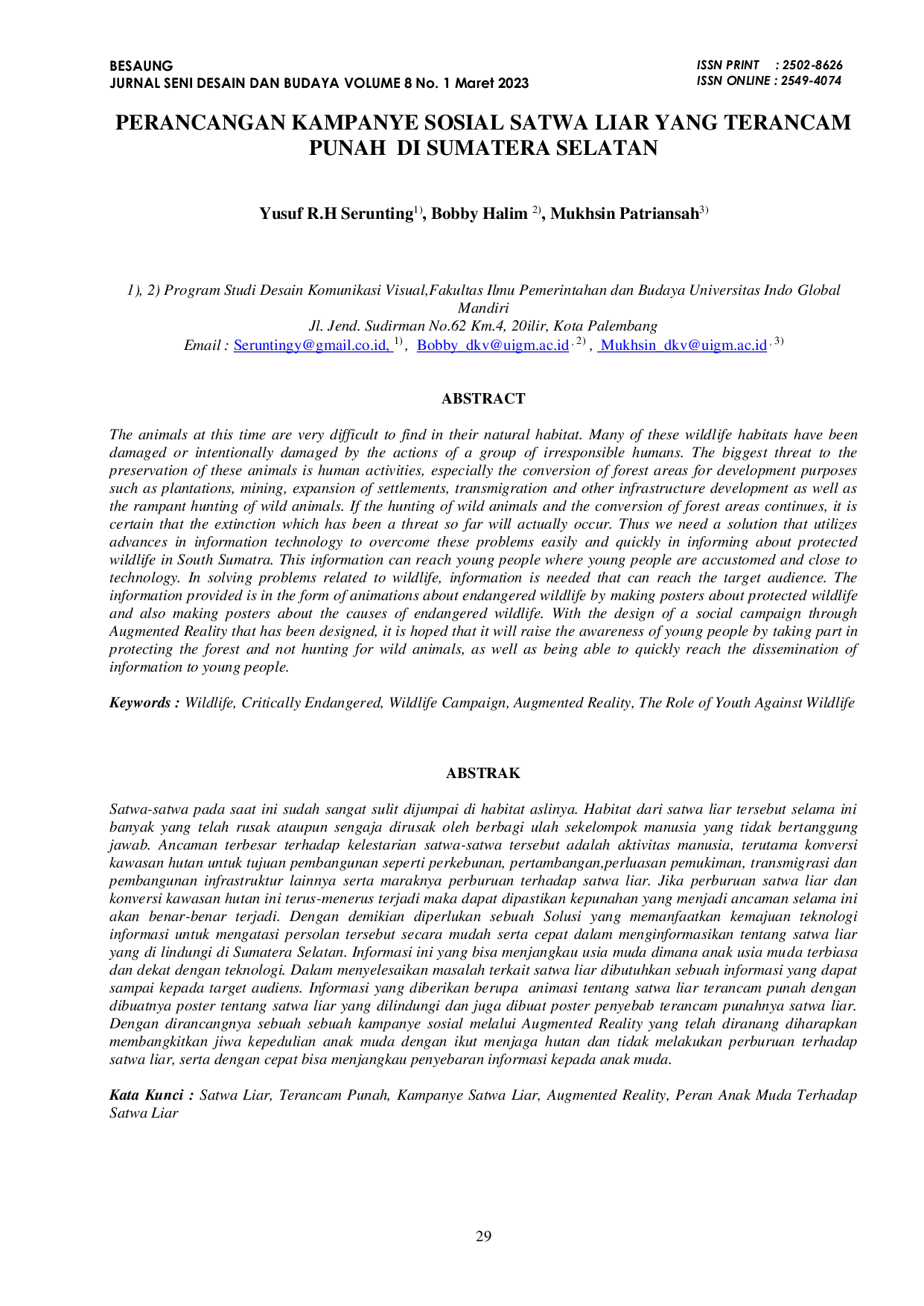 JURIS Perancangan Kampanye Sosial Satwa Liar yang Terancam Punah di Sumatera Selatan