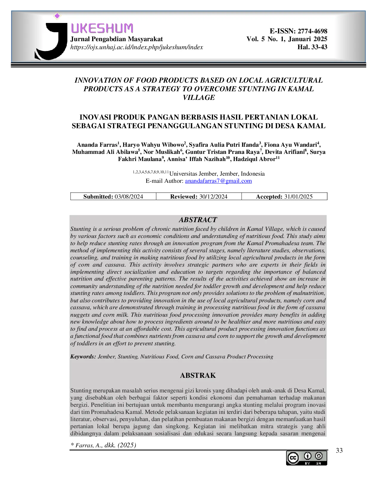 JURIS Innovation Of Food Products Based on Local Agricultural Products as A Strategy To Overcome Stunting In Kamal Village Inovasi Produk Pangan Berbasis Hasil Pertanian Lokal Sebagai Strategi Penanggulan