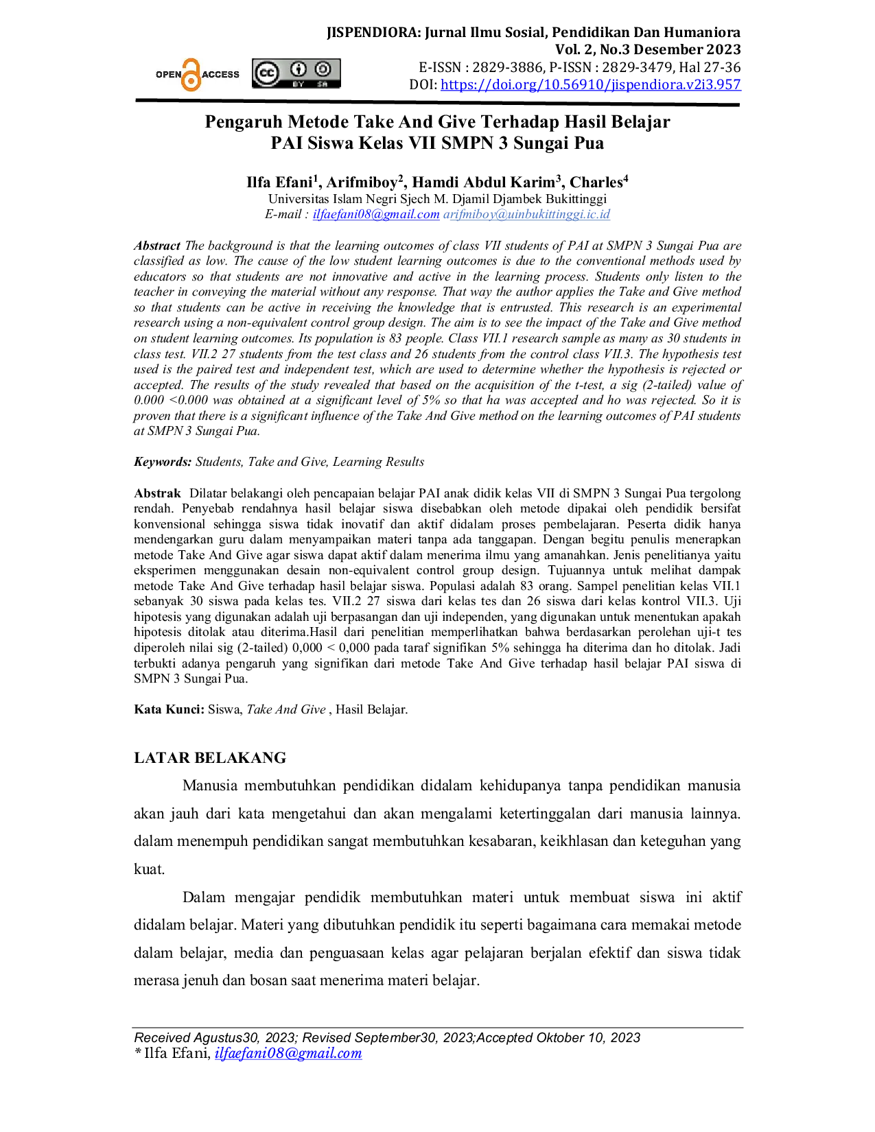 JURIS Pengaruh Metode Take And Give Terhadap Hasil Belajar PAI Siswa Kelas VII SMPN 3 Sungai Pua
