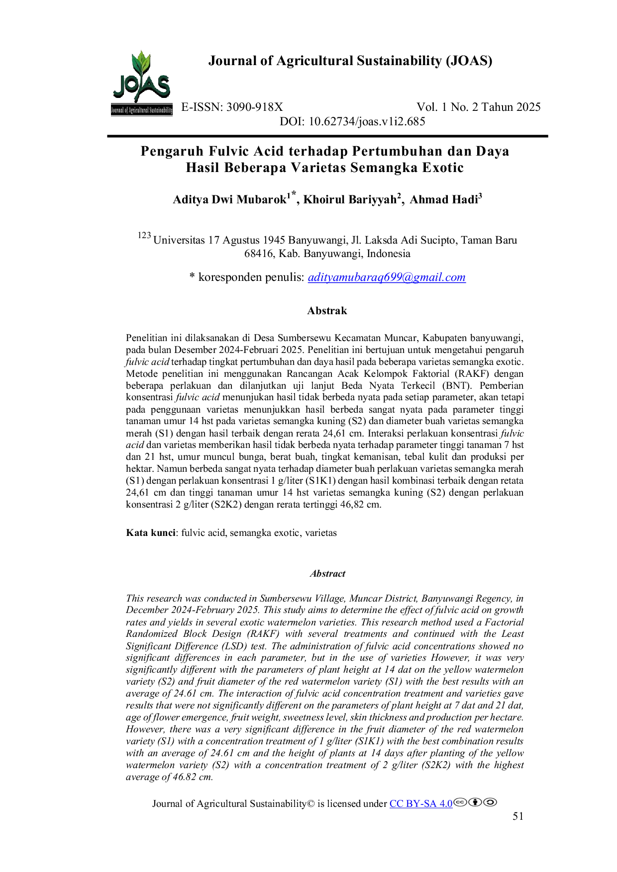 JURIS Pengaruh Fulvic Acid Terhadap Pertumbuhan dan Daya Hasil Beberapa Varietas Semangka Exotic