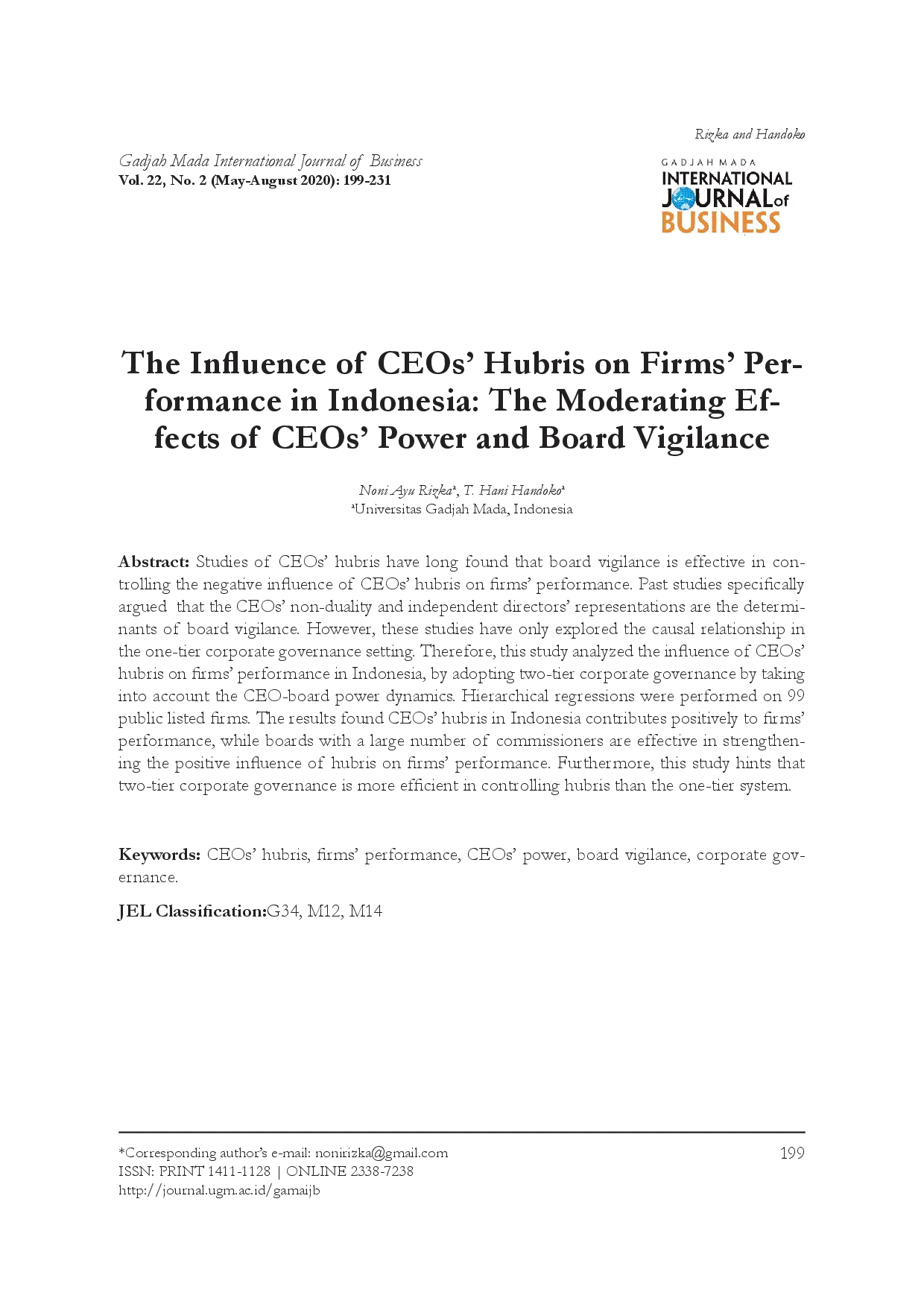 juris The Influence of CEOs Hubris on Firms Performance in Indonesia The Moderating Effects of CEOs Power and Board Vigilance